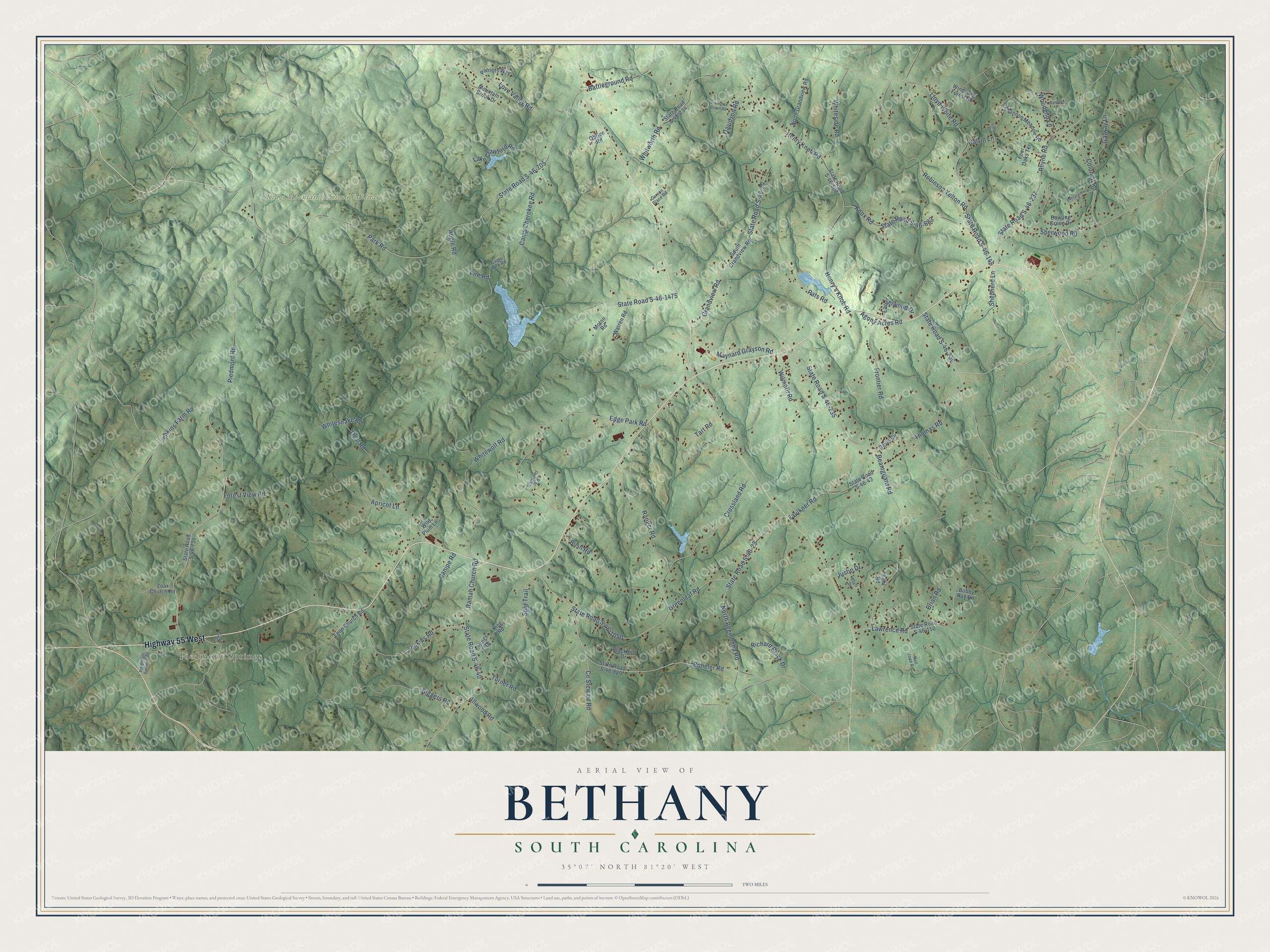 Full map of Bethany, South Carolina, with red buildings, printed street names and the land around them