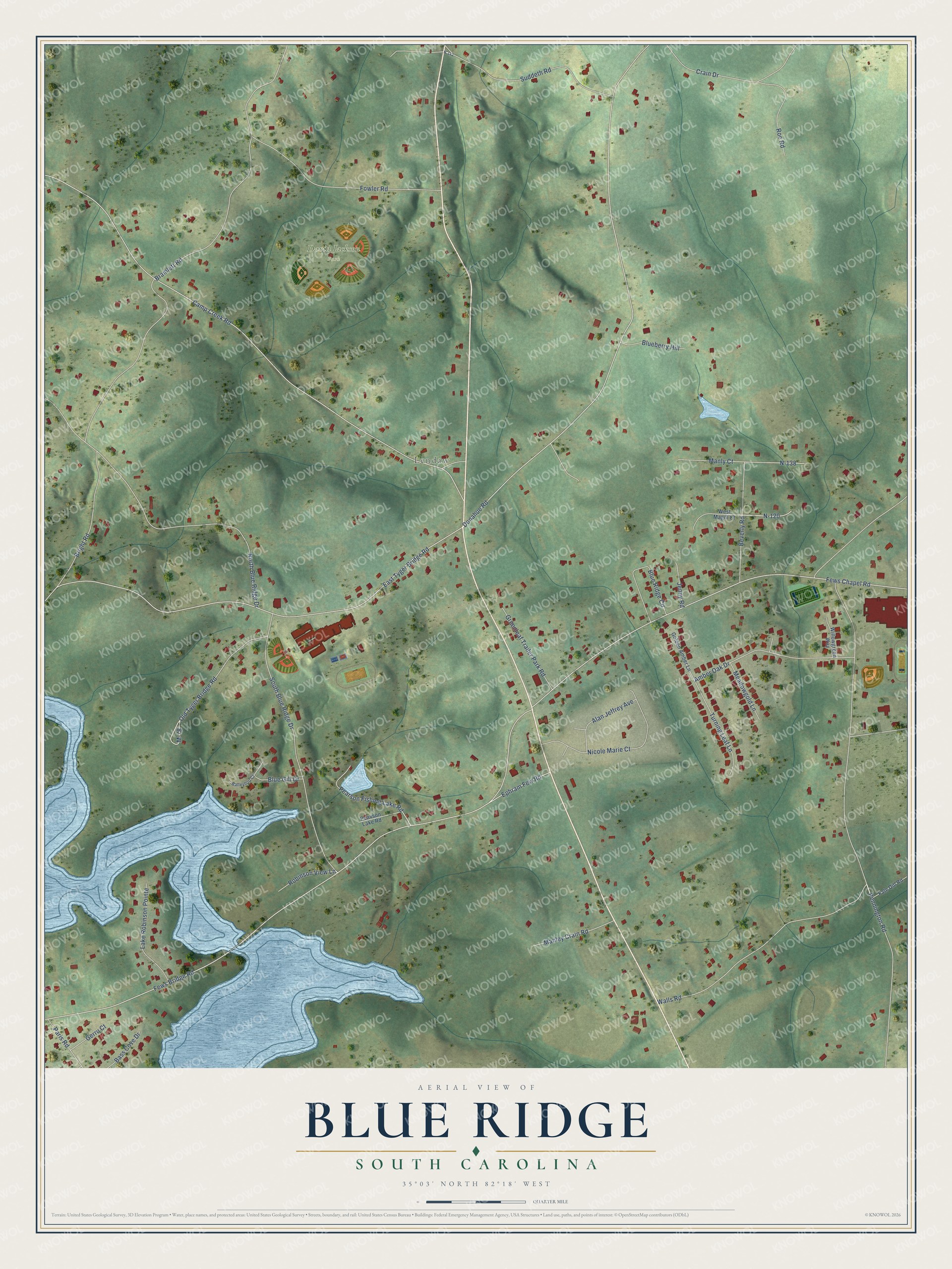 Full map of Blue Ridge, South Carolina, with red buildings, printed street names and the land around them