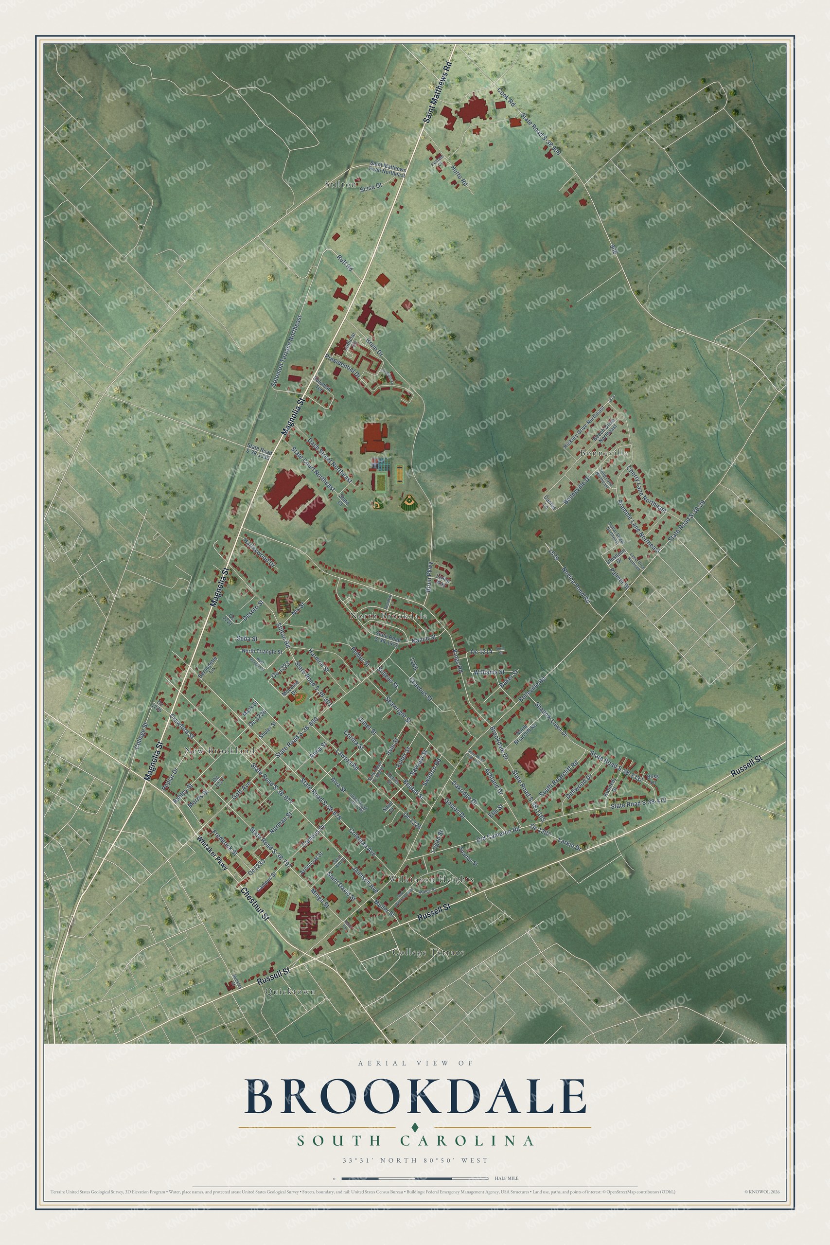 Full map of Brookdale, South Carolina, with red buildings, printed street names and the land around them