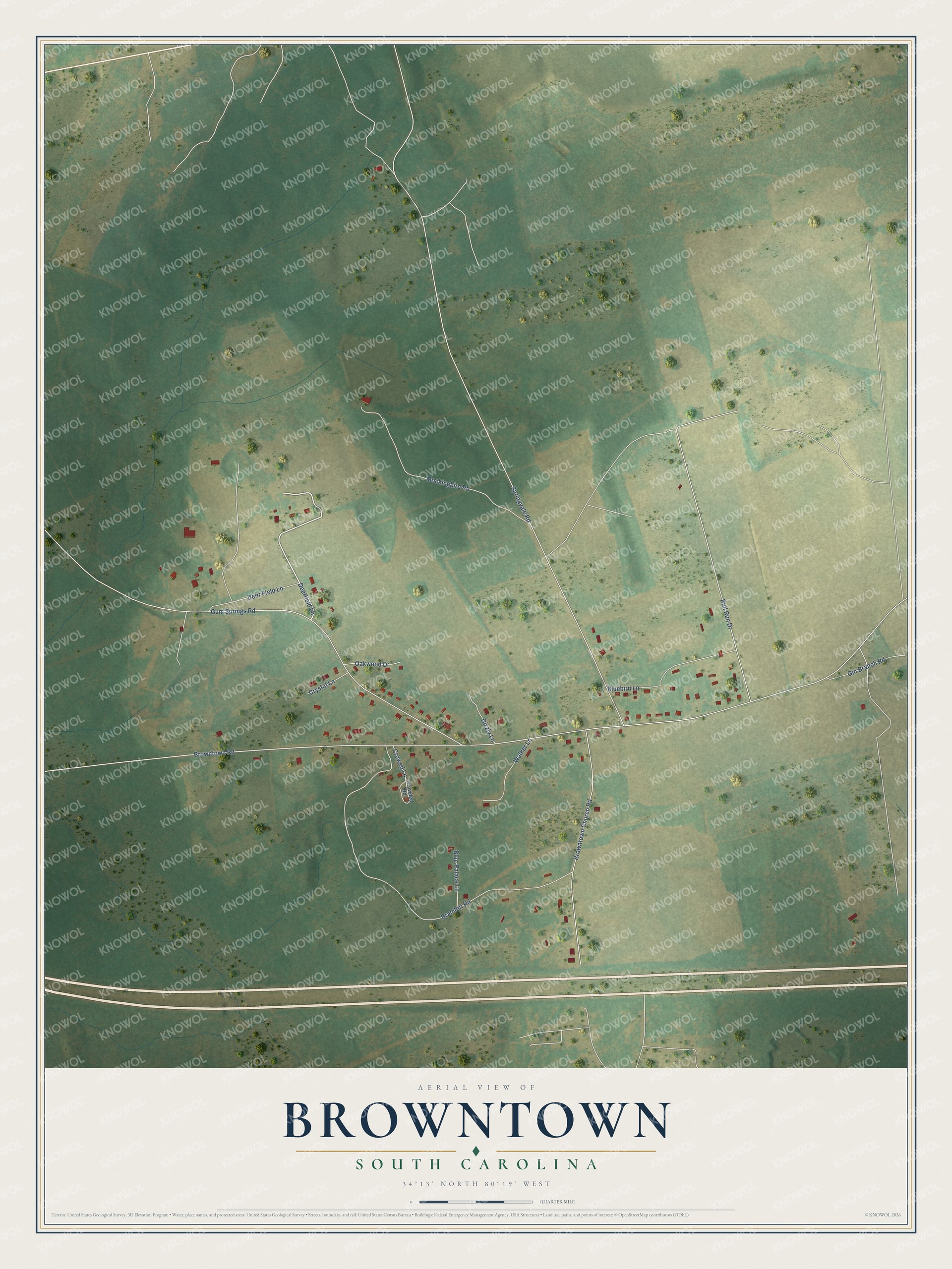 Full map of Browntown, South Carolina, with red buildings, printed street names and the land around them