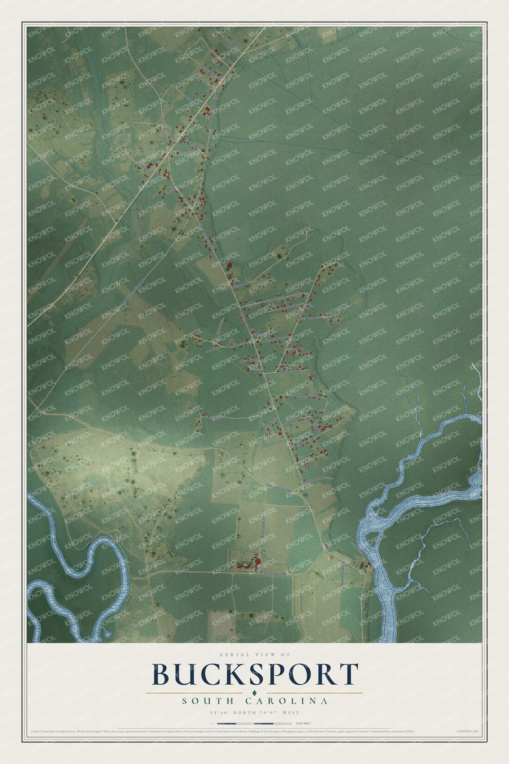 Full map of Bucksport, South Carolina, with red buildings, printed street names and the land around them