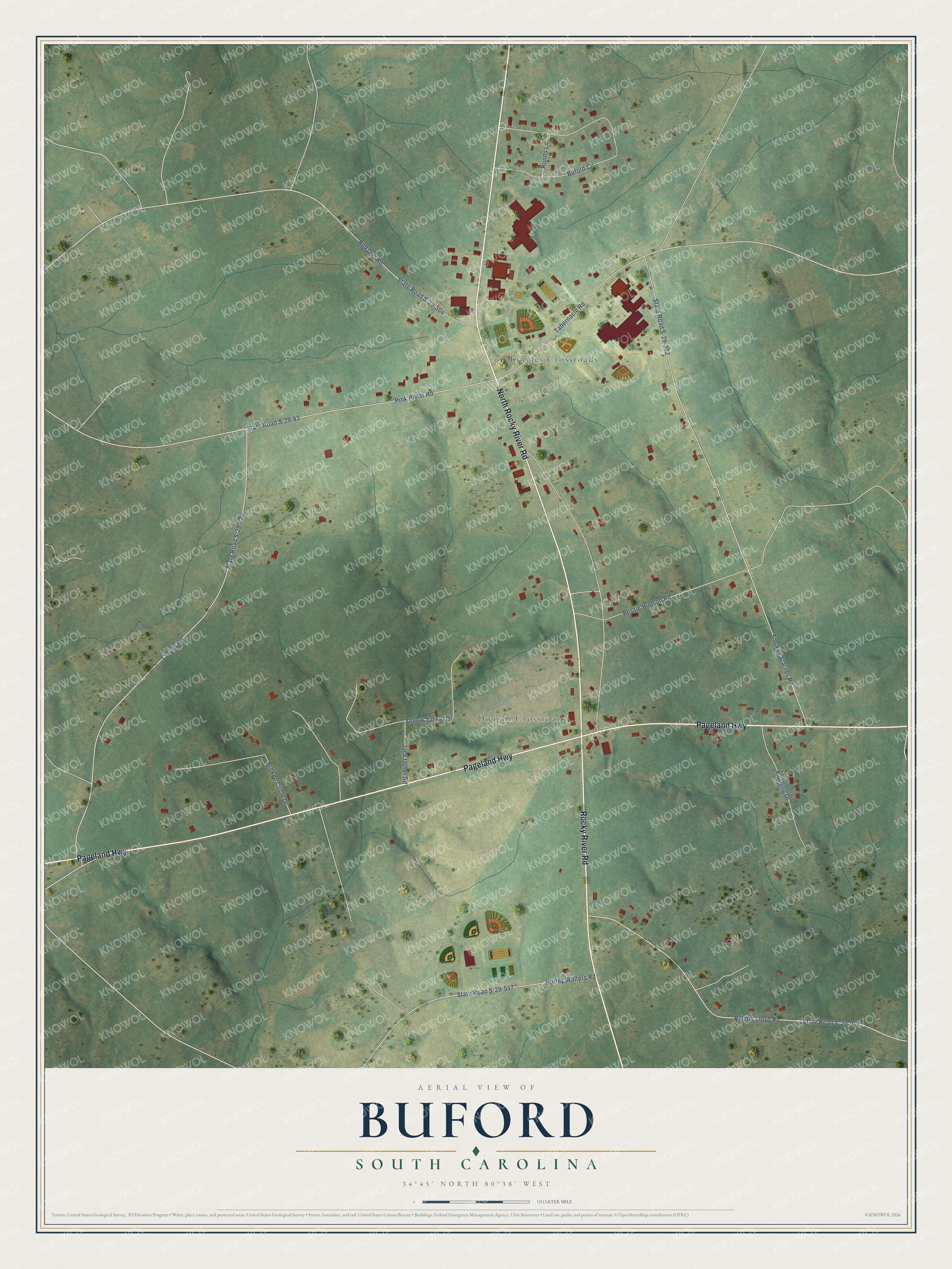 Full map of Buford, South Carolina, with red buildings, printed street names and the land around them