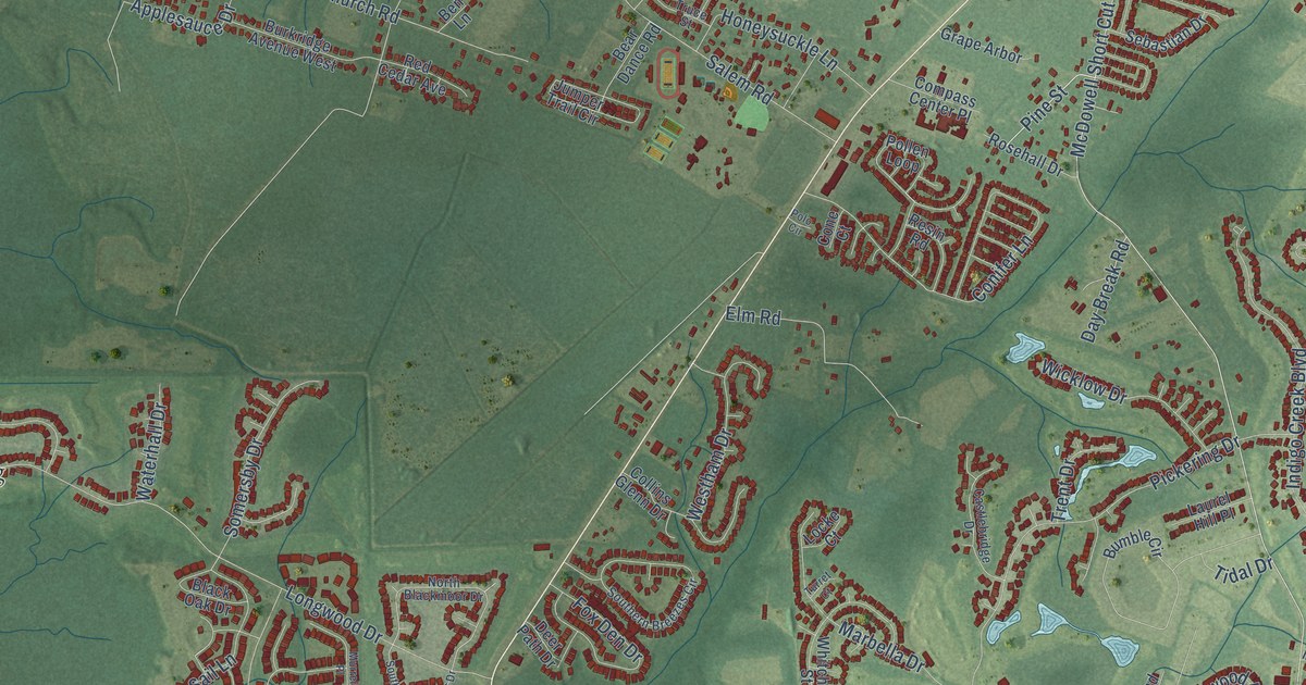 Close-up of streets and buildings in Burgess, South Carolina