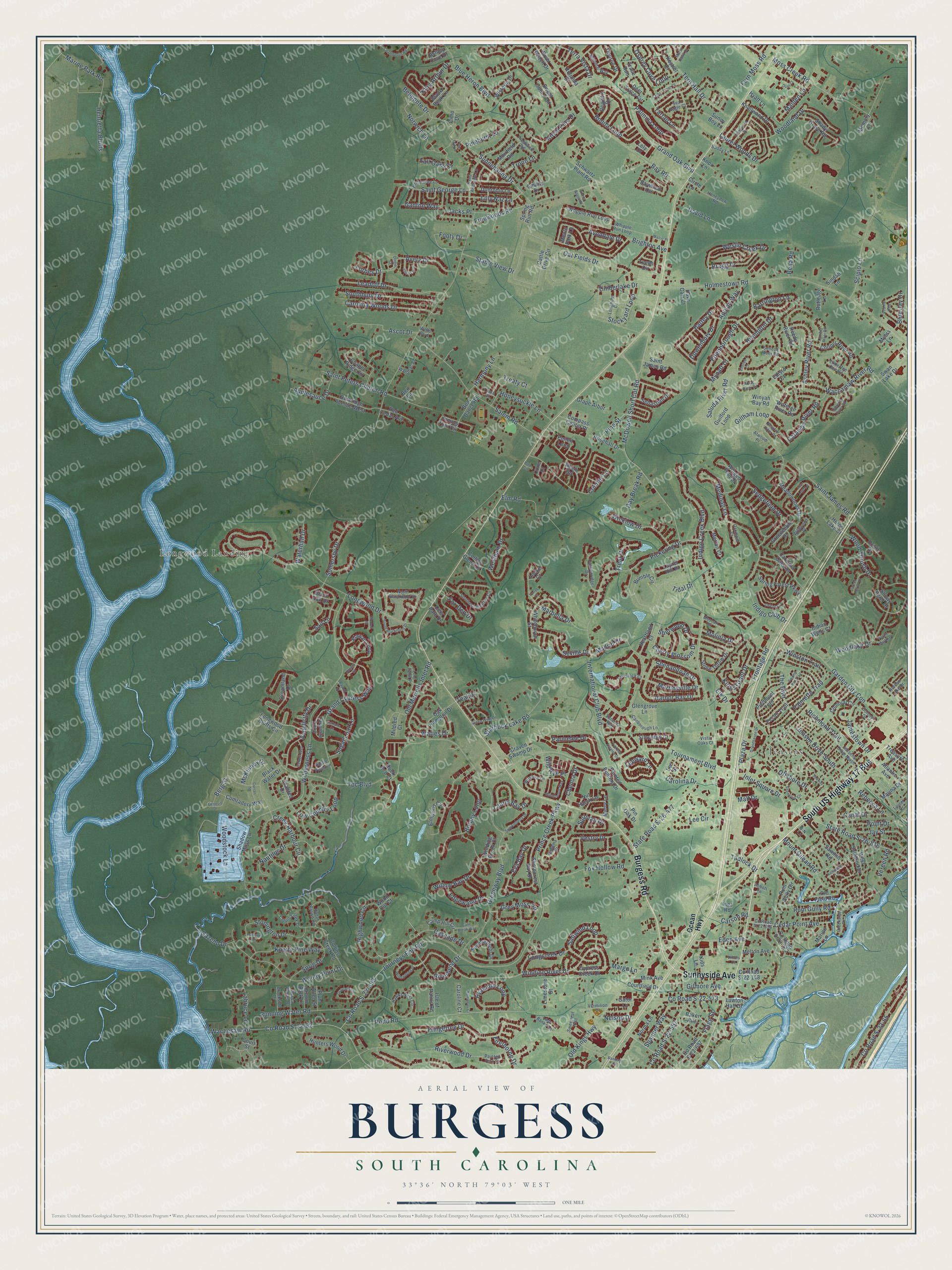 Full map of Burgess, South Carolina, with red buildings, printed street names and the land around them