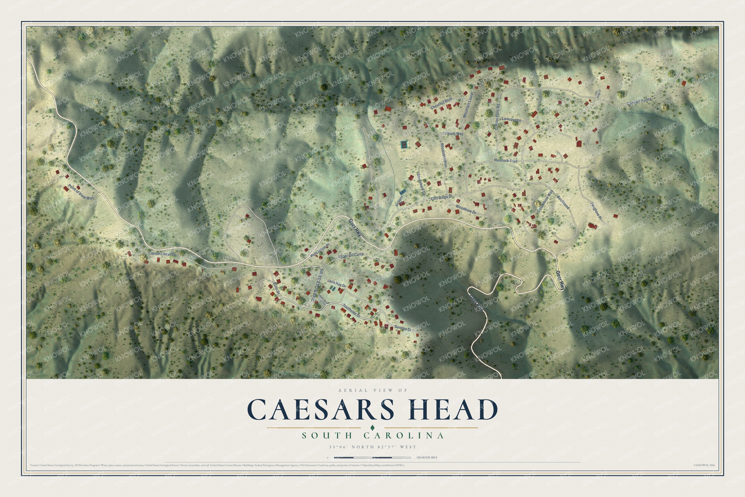 Full map of Caesars Head, South Carolina, with red buildings, printed street names and the land around them