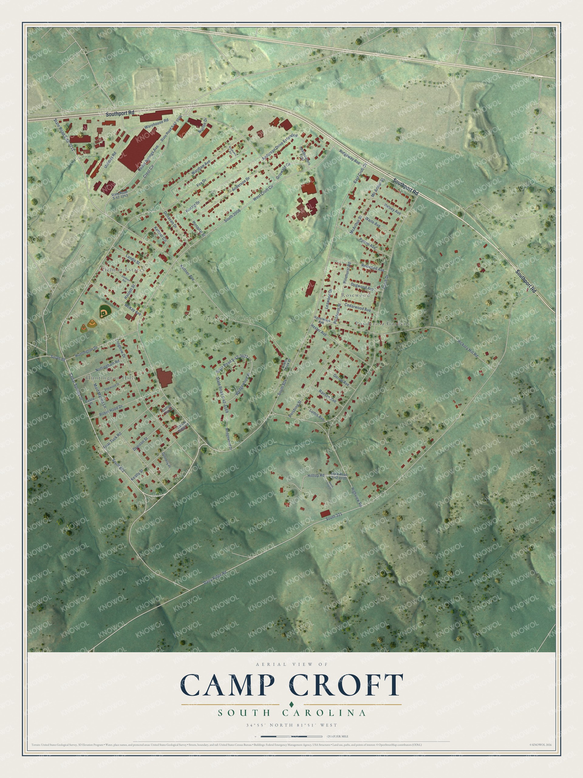 Full map of Camp Croft, South Carolina, with red buildings, printed street names and the land around them