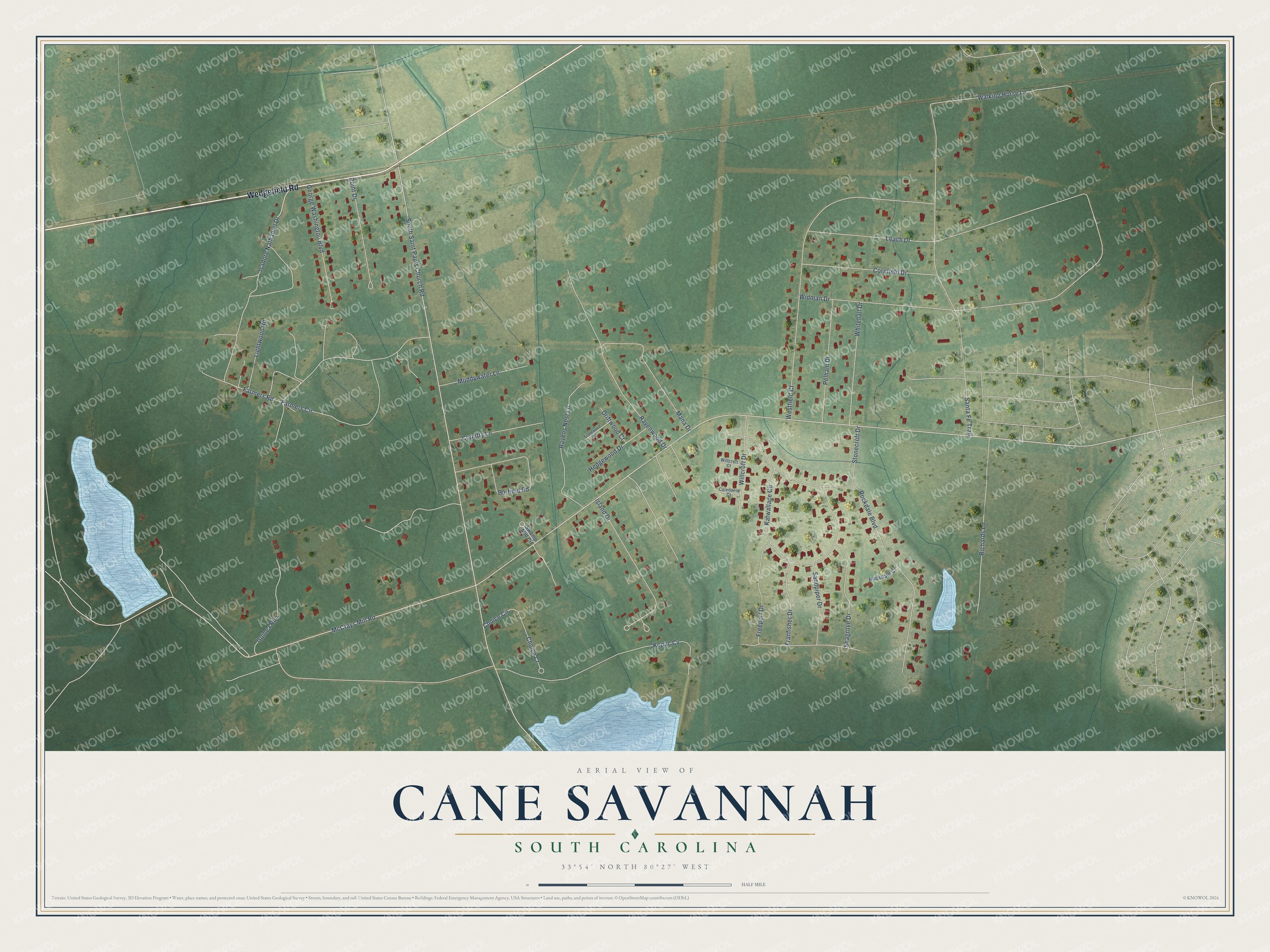 Full map of Cane Savannah, South Carolina, with red buildings, printed street names and the land around them