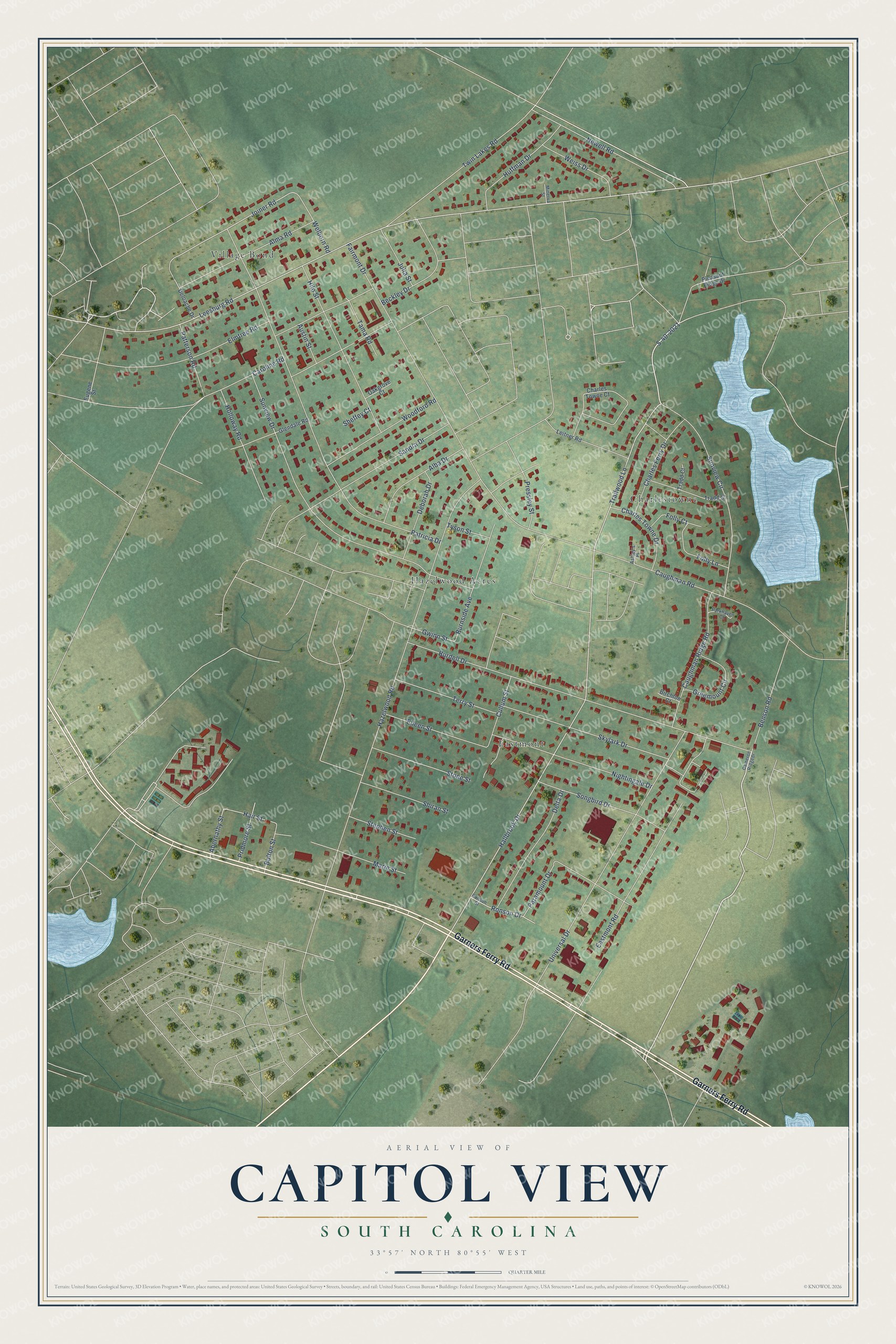 Full map of Capitol View, South Carolina, with red buildings, printed street names and the land around them