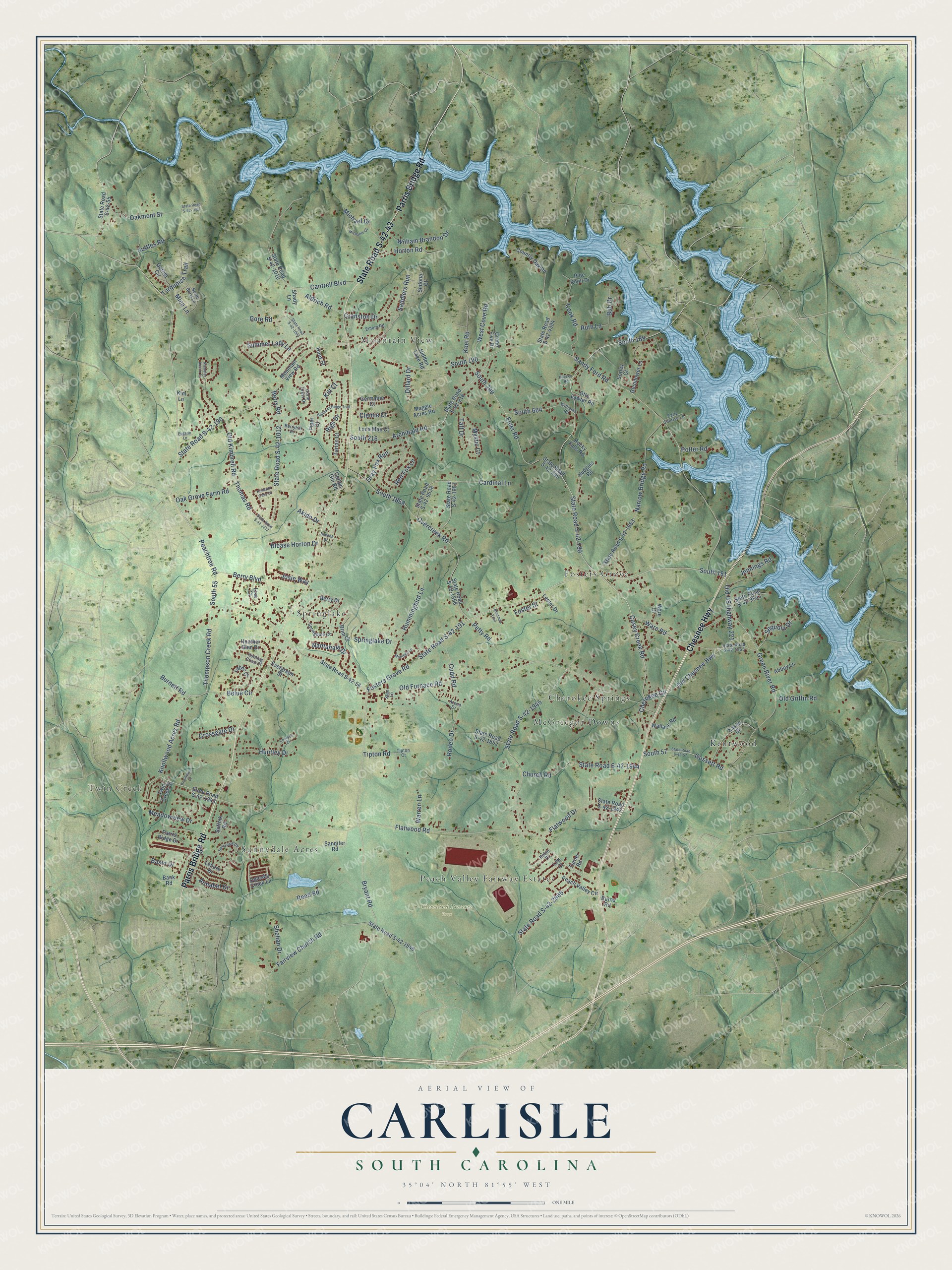 Full map of Carlisle, South Carolina, with red buildings, printed street names and the land around them