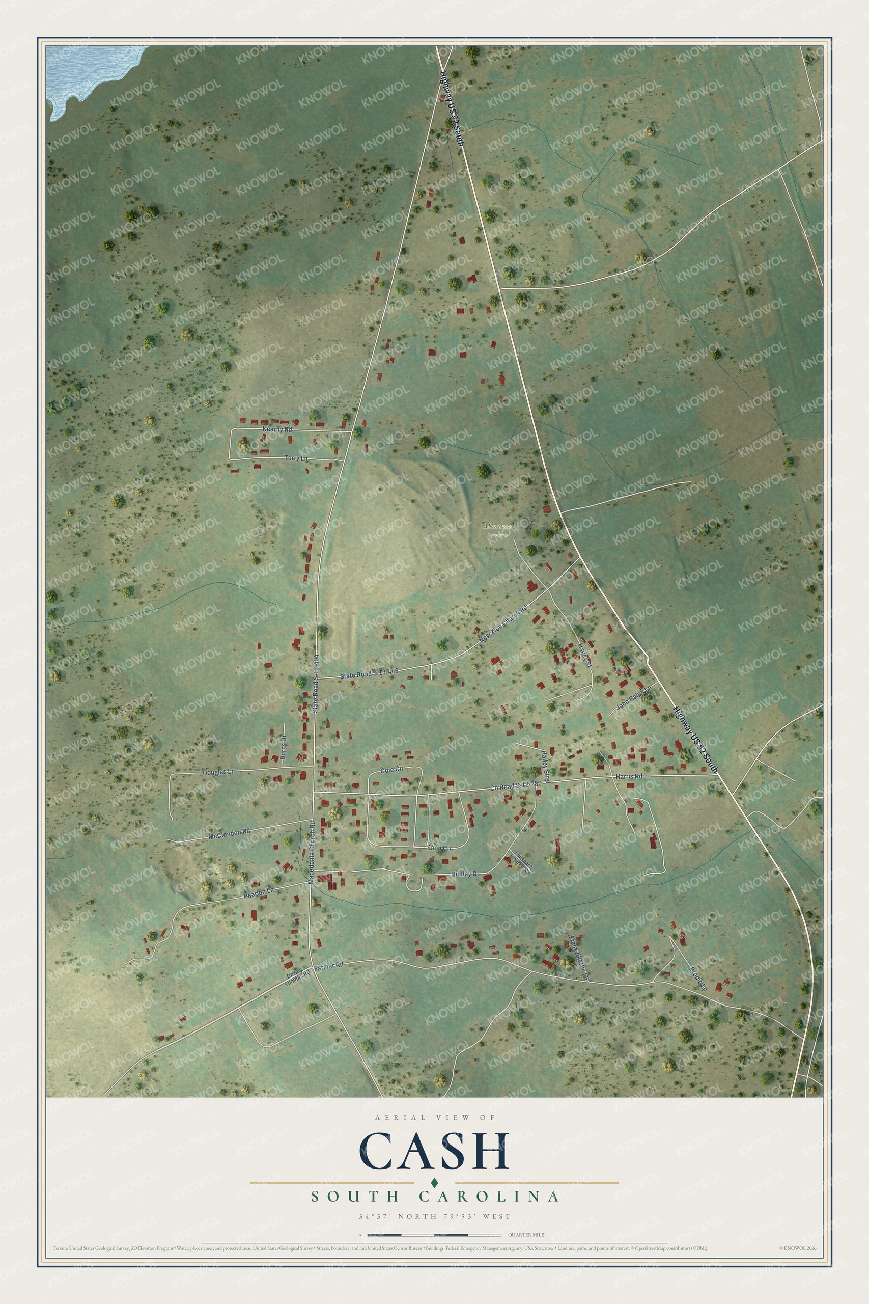 Full map of Cash, South Carolina, with red buildings, printed street names and the land around them