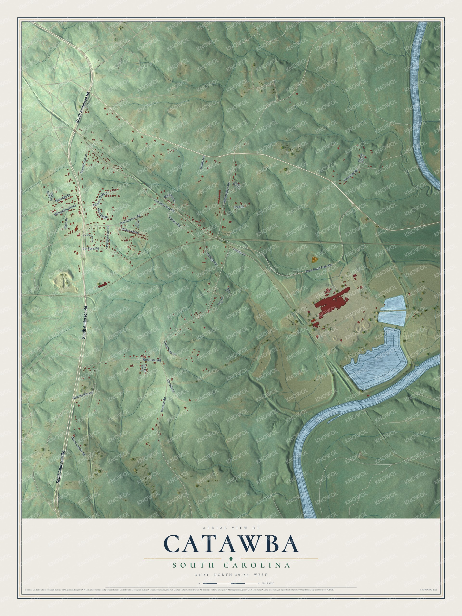 Full map of Catawba, South Carolina, with red buildings, printed street names and the land around them