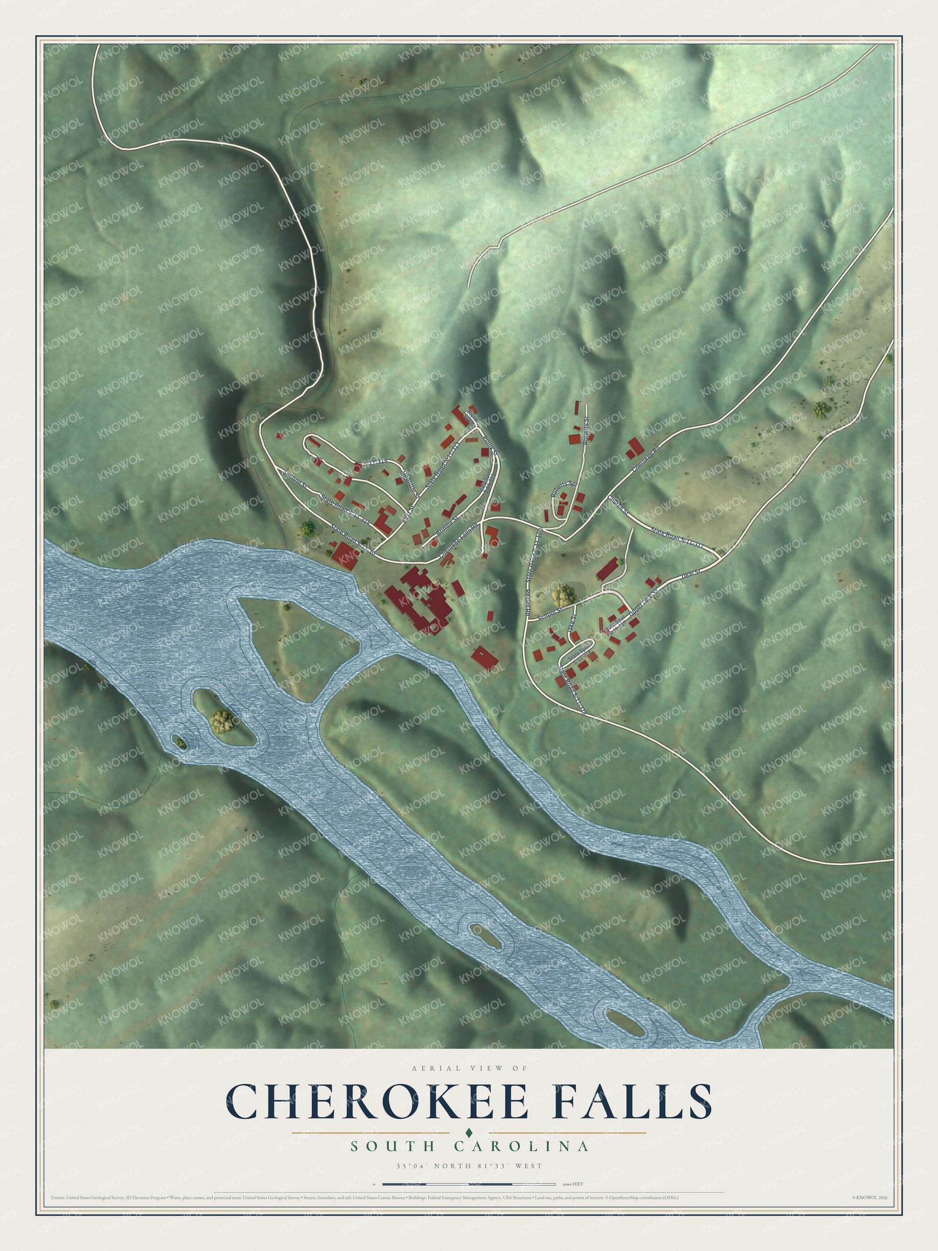 Full map of Cherokee Falls, South Carolina, with red buildings, printed street names and the land around them