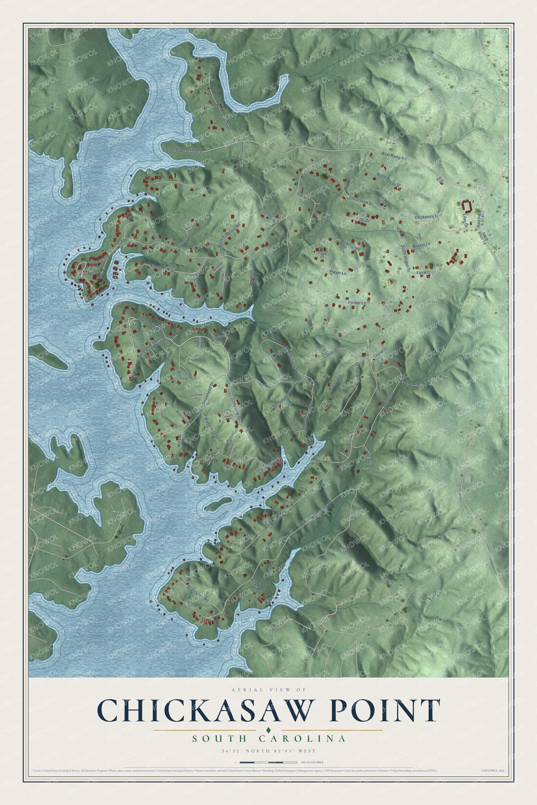 Full map of Chickasaw Point, South Carolina, with red buildings, printed street names and the land around them