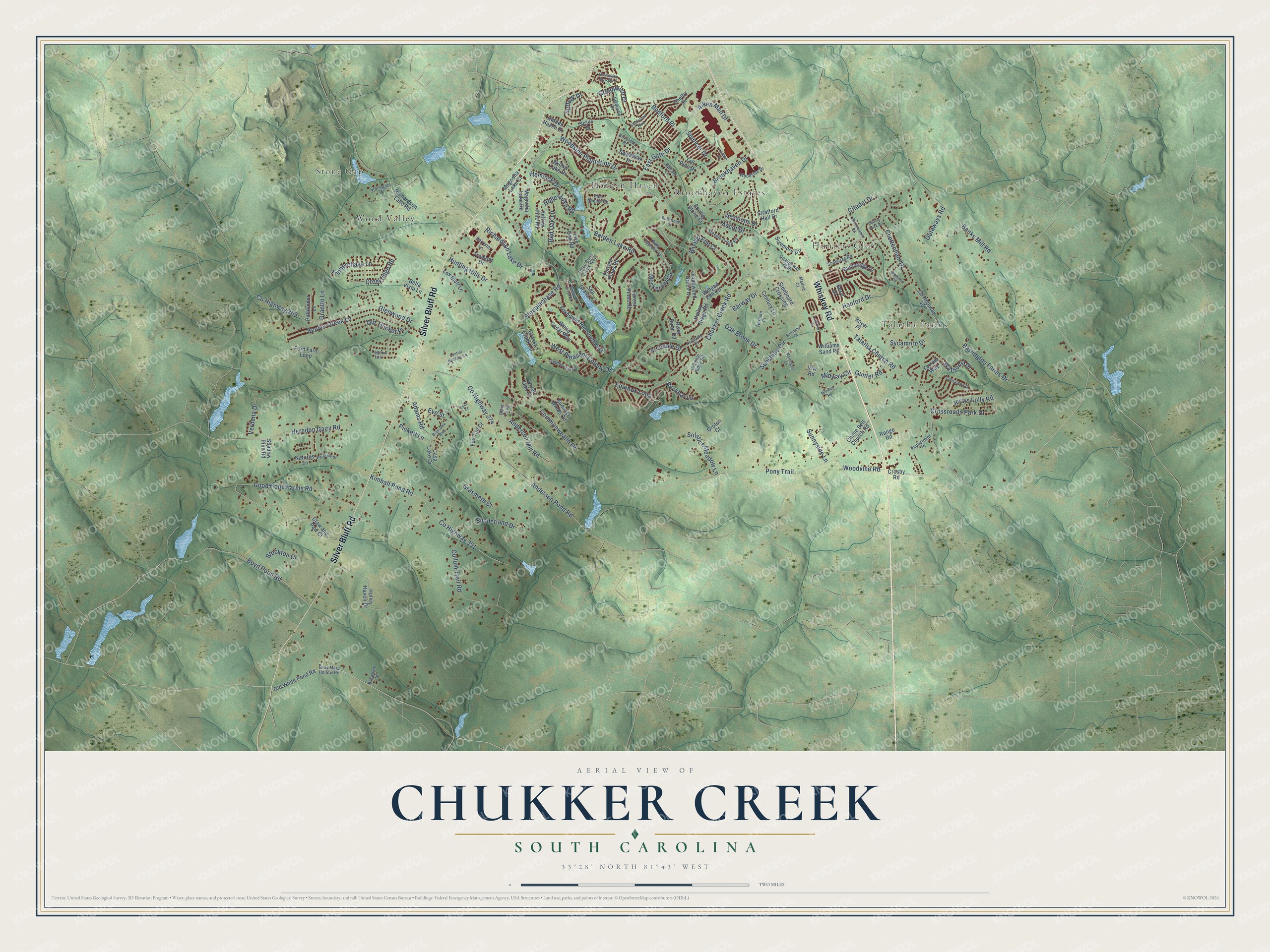 Full map of Chukker Creek, South Carolina, with red buildings, printed street names and the land around them