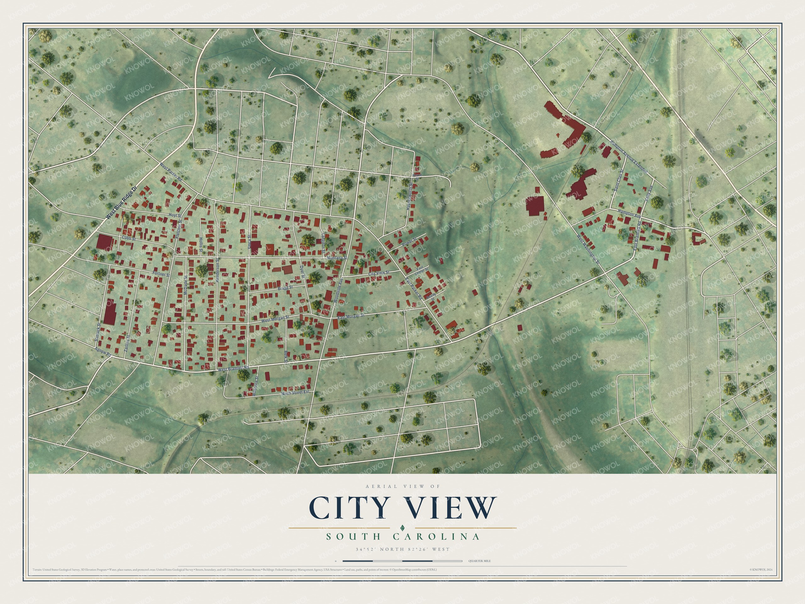 Full map of City View, South Carolina, with red buildings, printed street names and the land around them