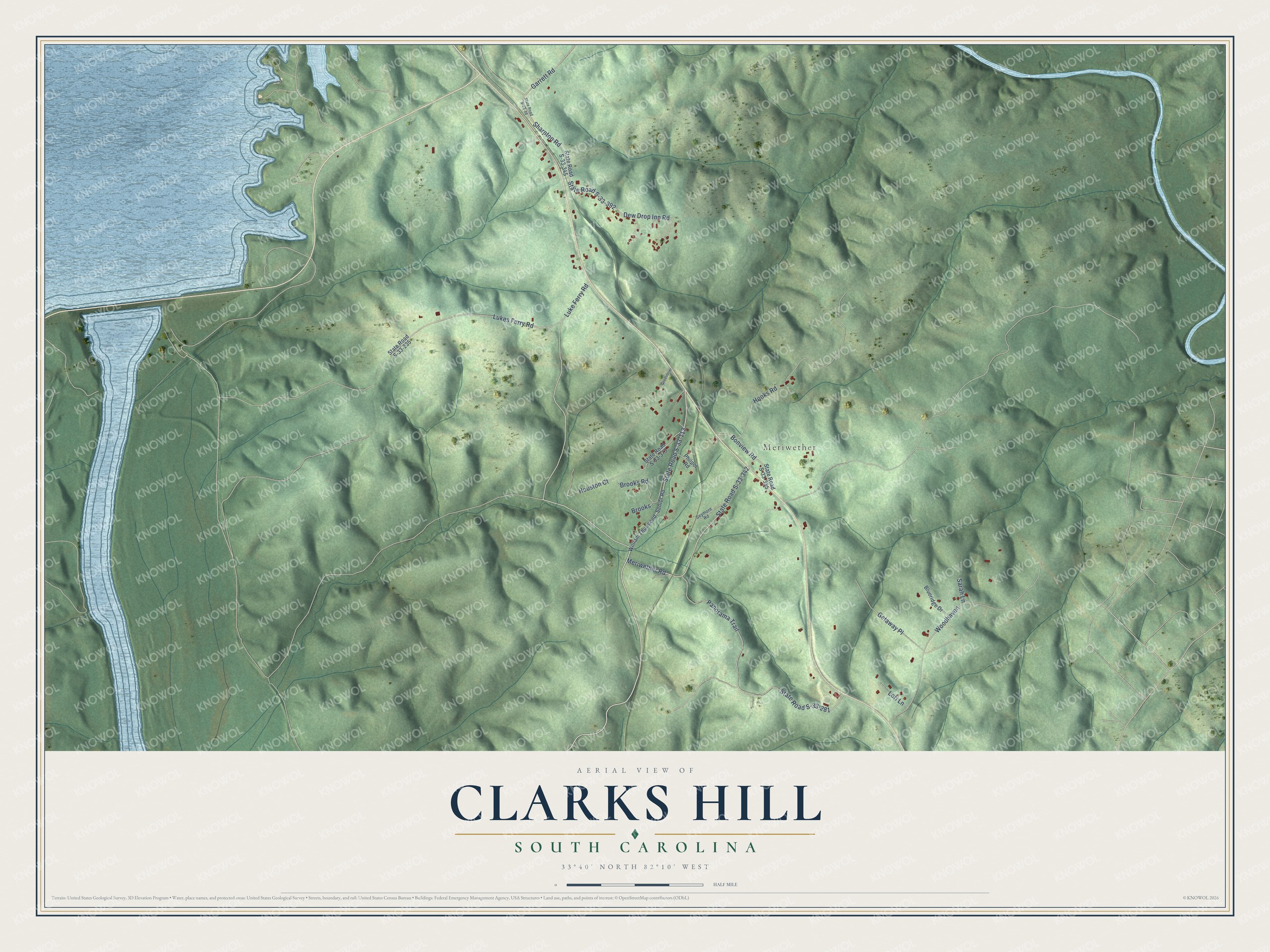 Full map of Clarks Hill, South Carolina, with red buildings, printed street names and the land around them