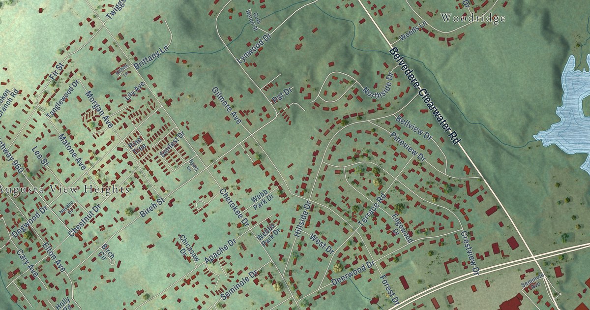 Close-up of streets and buildings in Clearwater, South Carolina