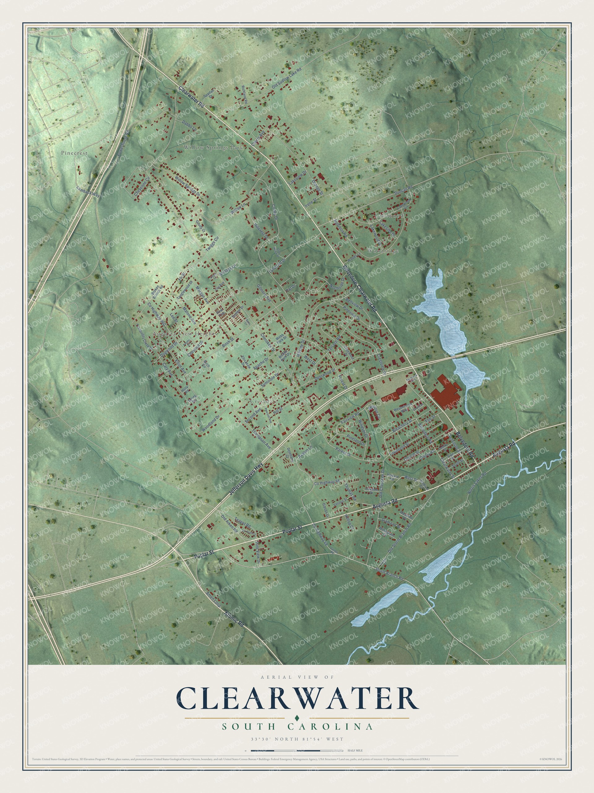 Full map of Clearwater, South Carolina, with red buildings, printed street names and the land around them