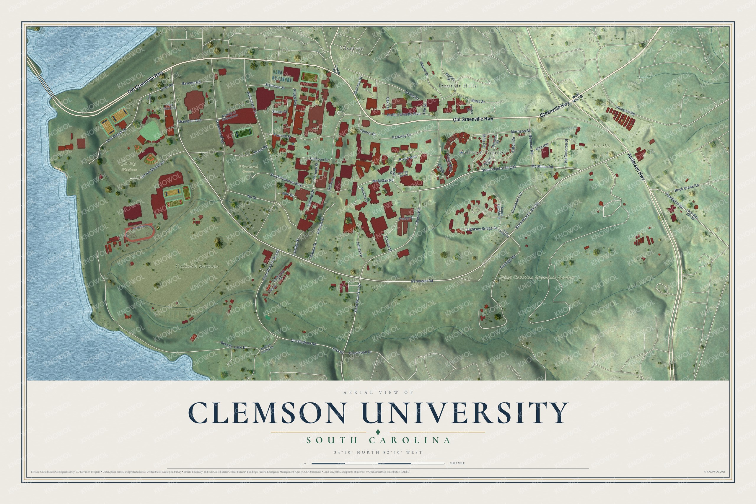 Full map of Clemson University, South Carolina, with red buildings, printed street names and the land around them