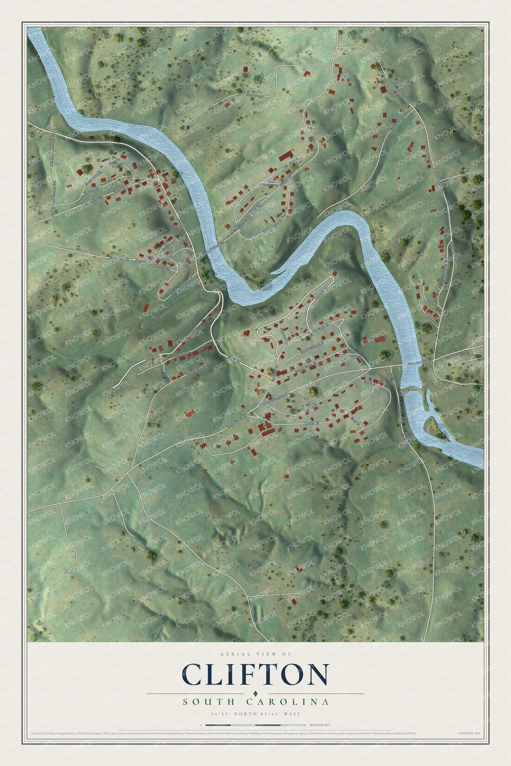 Full map of Clifton, South Carolina, with red buildings, printed street names and the land around them
