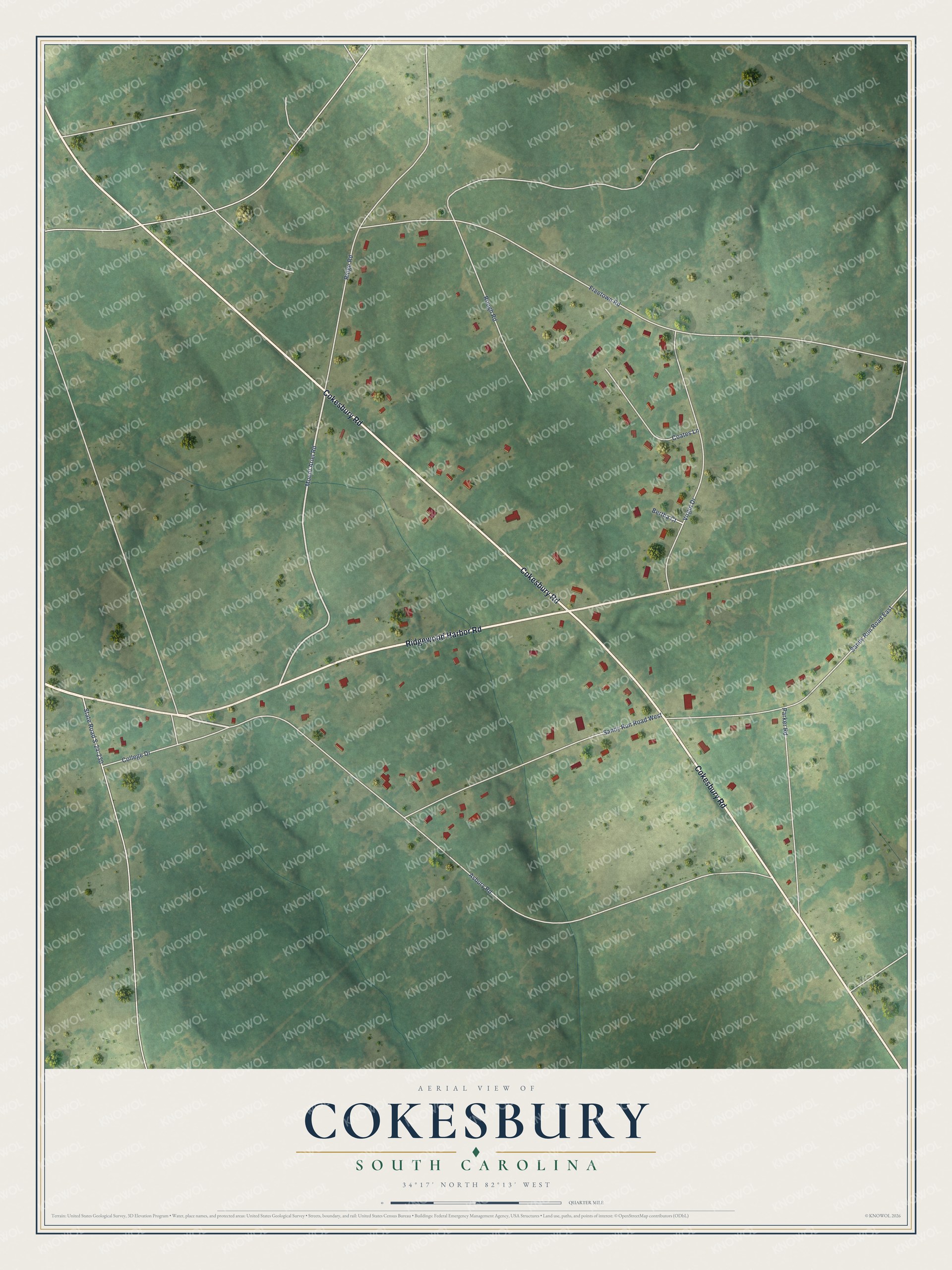 Full map of Cokesbury, South Carolina, with red buildings, printed street names and the land around them