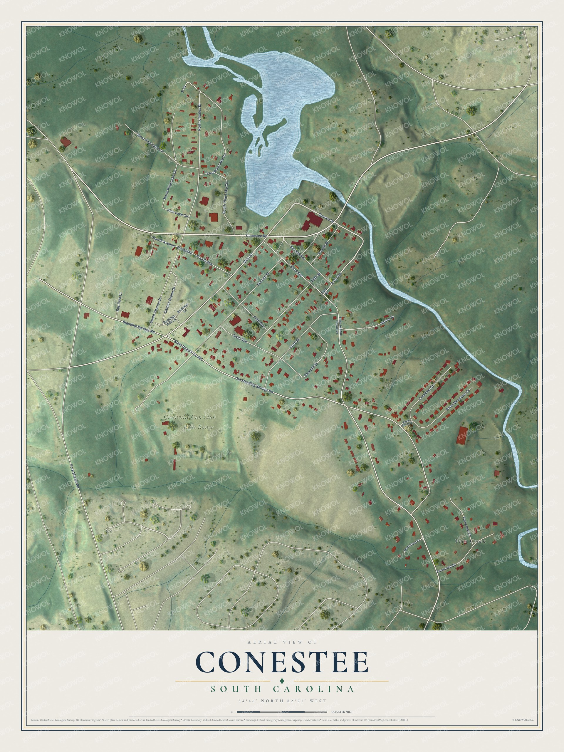 Full map of Conestee, South Carolina, with red buildings, printed street names and the land around them