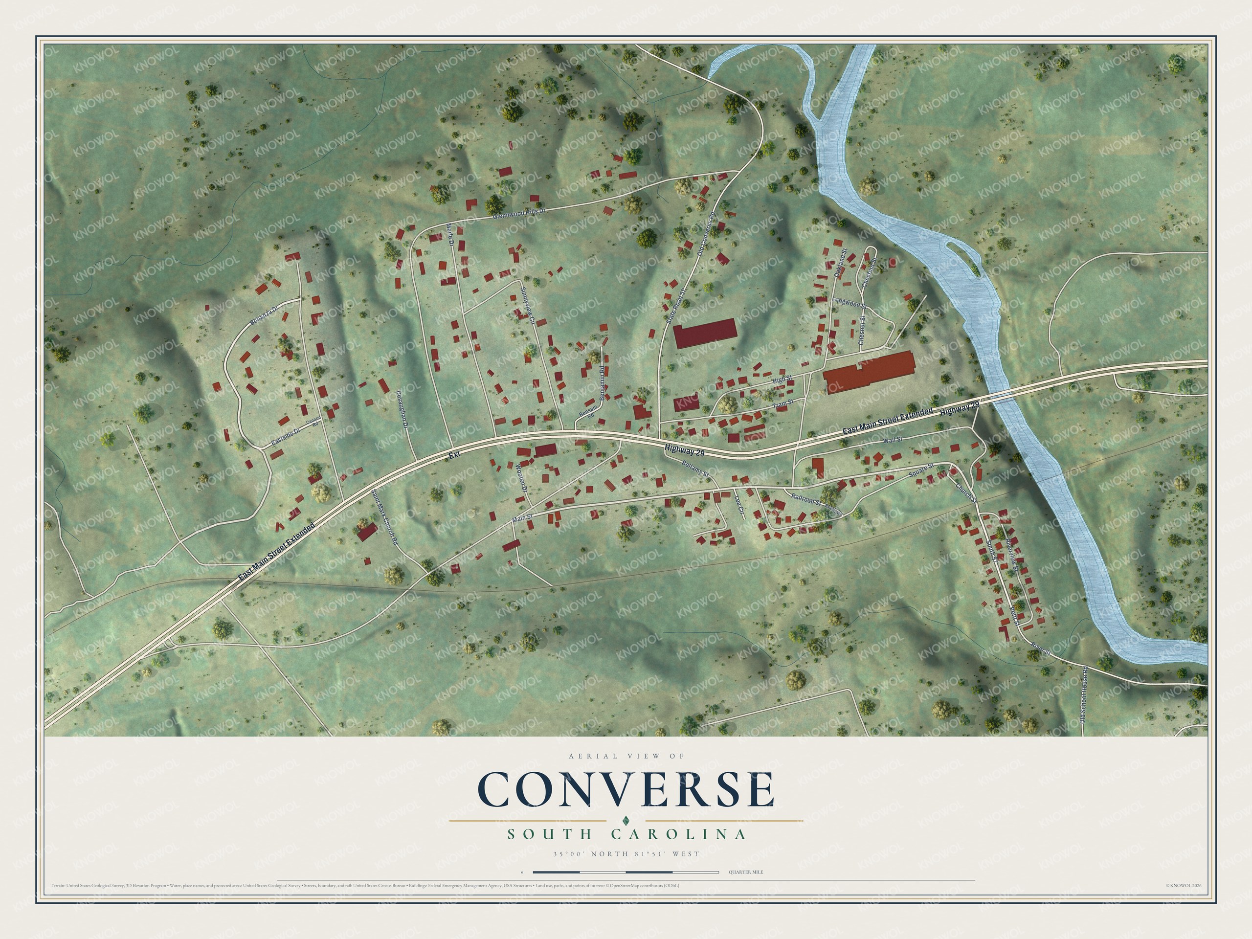Full map of Converse, South Carolina, with red buildings, printed street names and the land around them