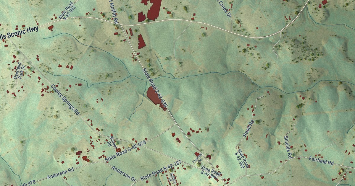 Close-up of streets and buildings in Cooley Springs, South Carolina