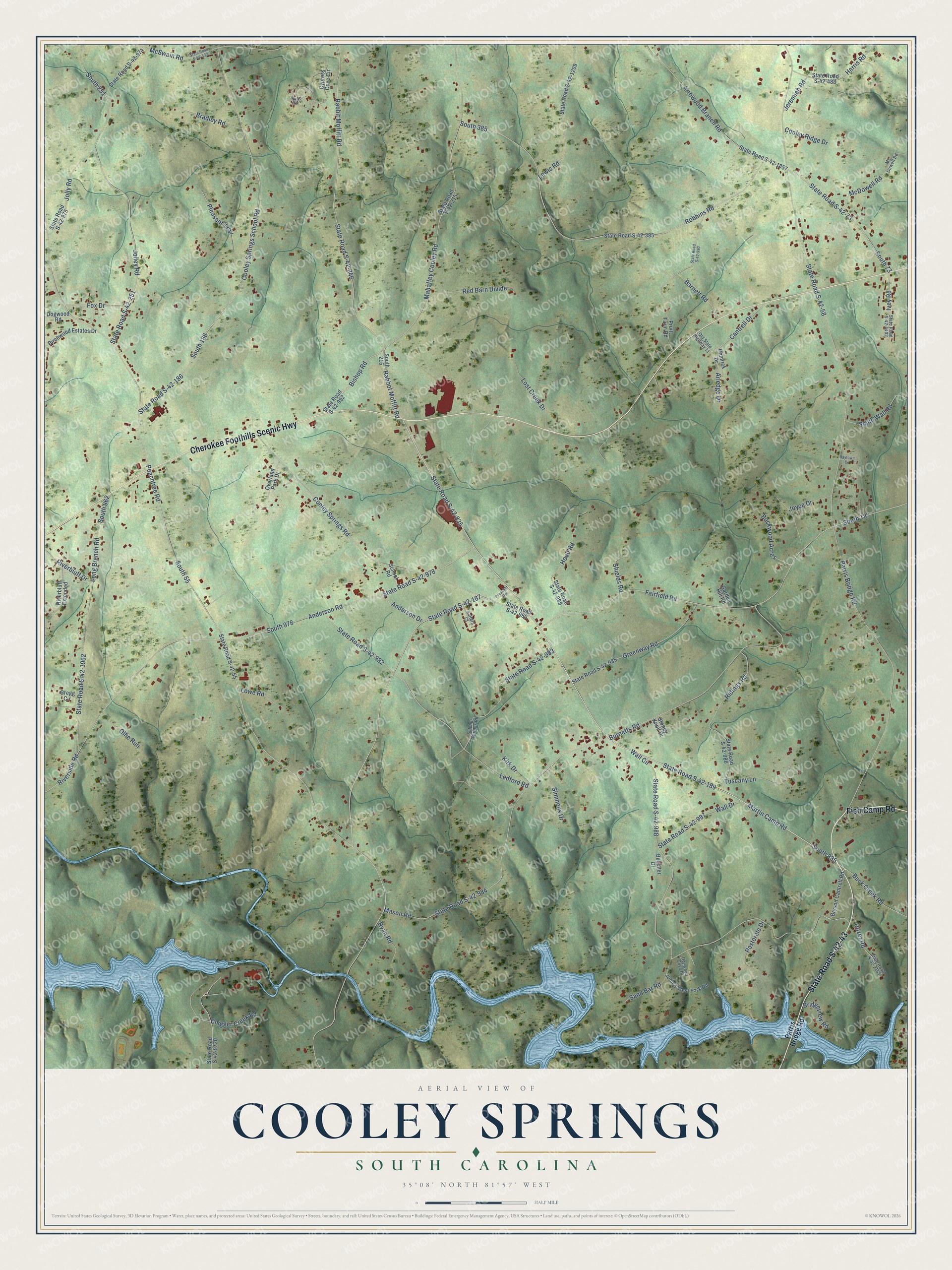 Full map of Cooley Springs, South Carolina, with red buildings, printed street names and the land around them