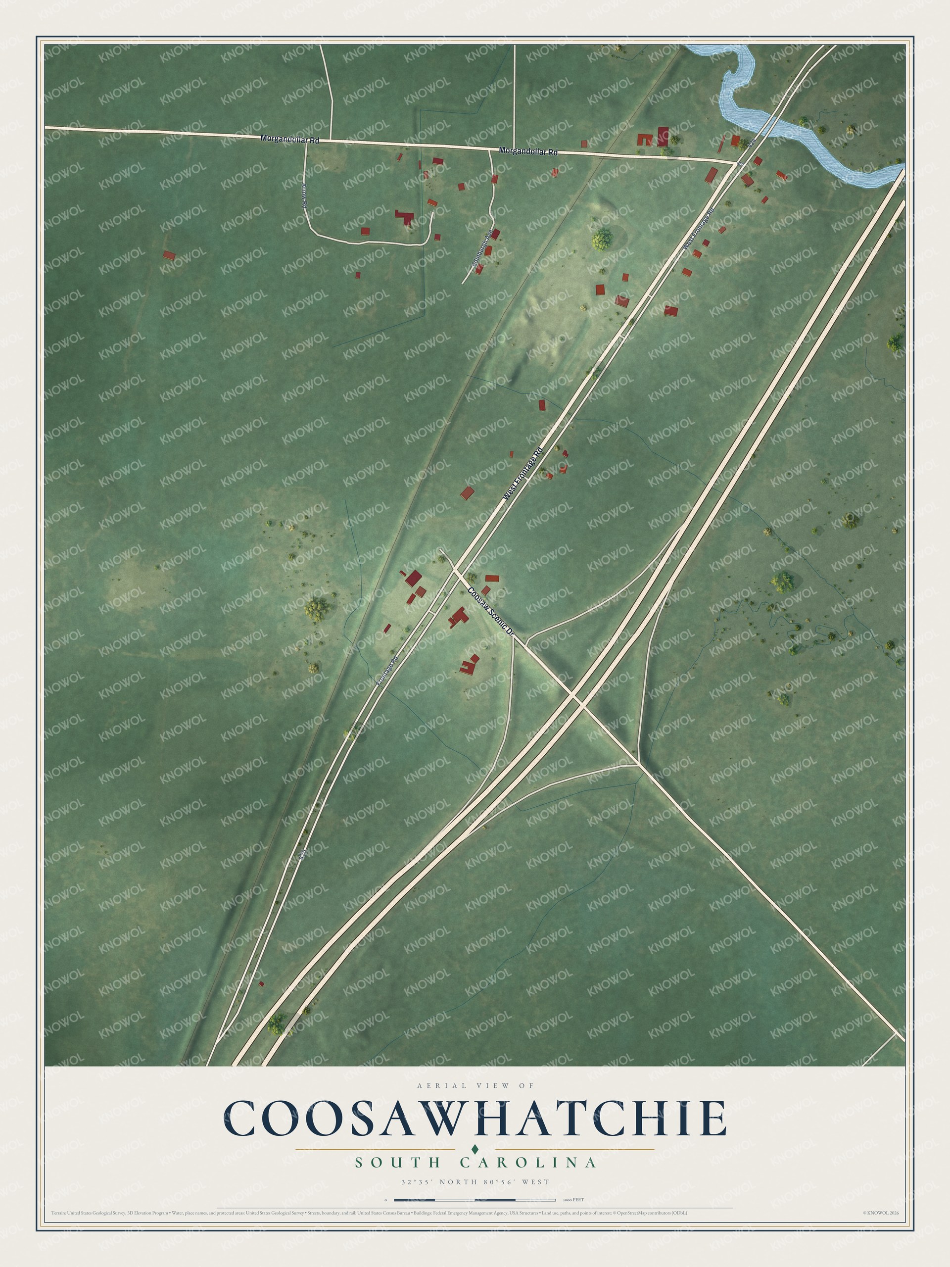 Full map of Coosawhatchie, South Carolina, with red buildings, printed street names and the land around them