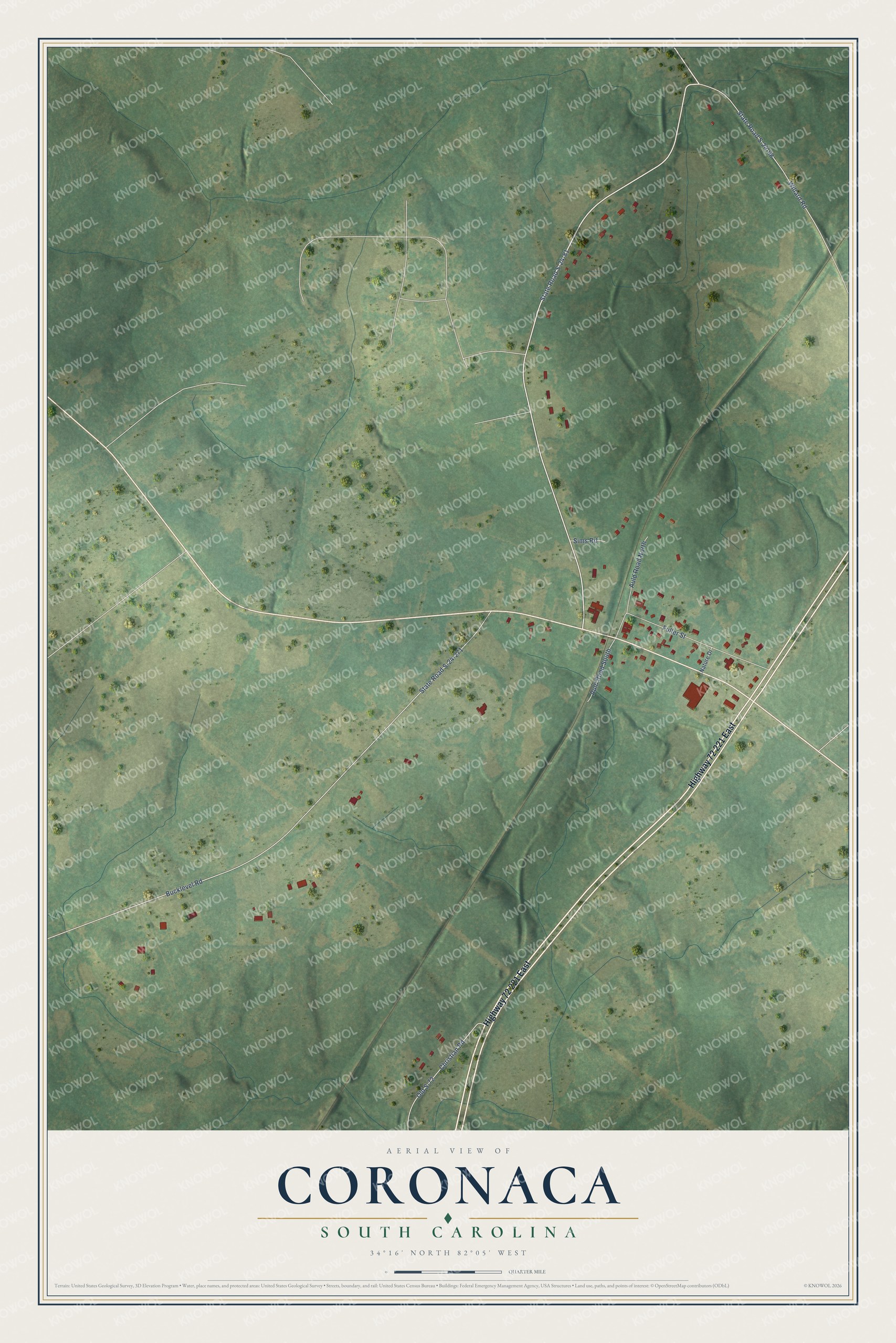 Full map of Coronaca, South Carolina, with red buildings, printed street names and the land around them