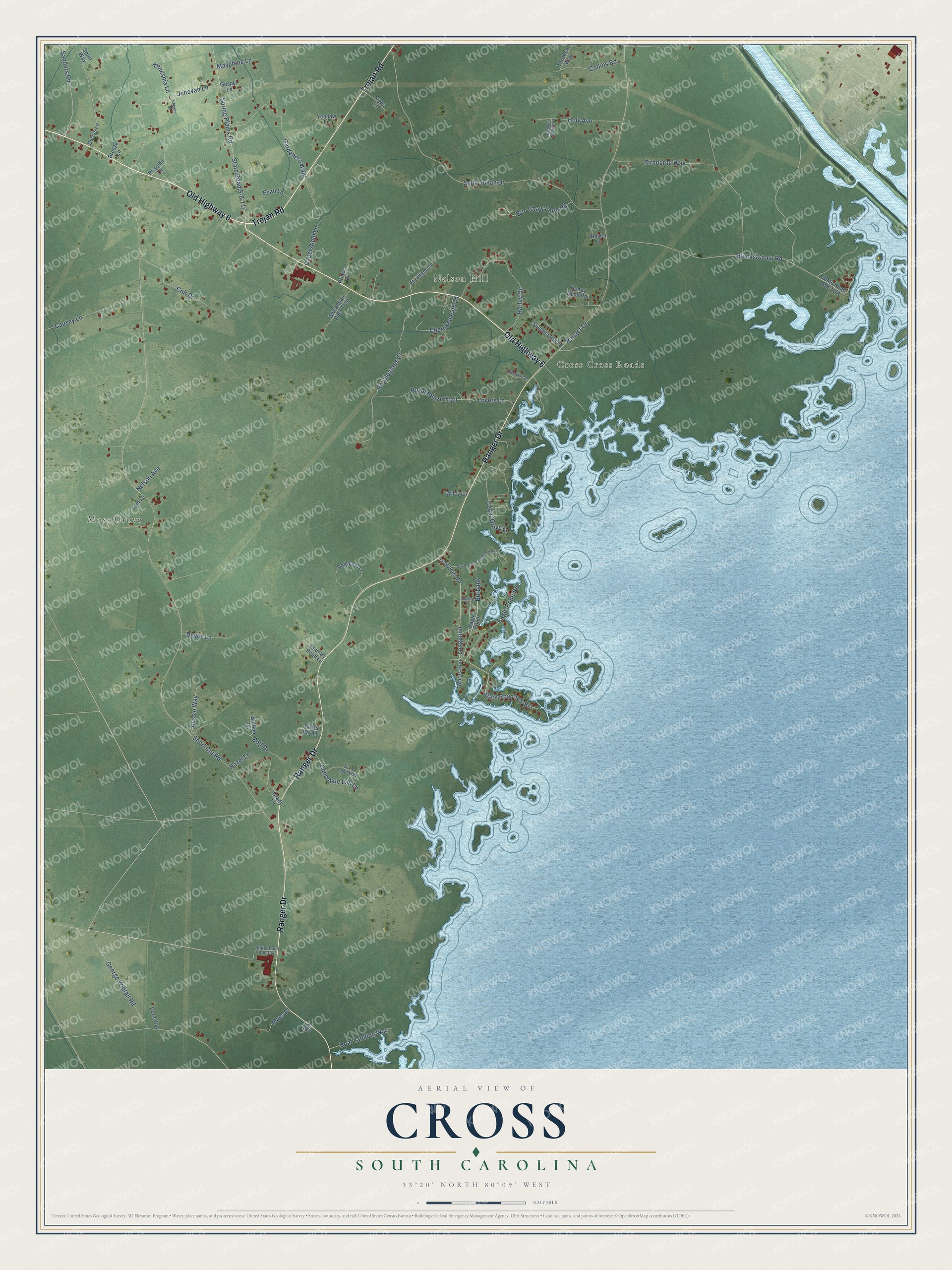 Full map of Cross, South Carolina, with red buildings, printed street names and the land around them