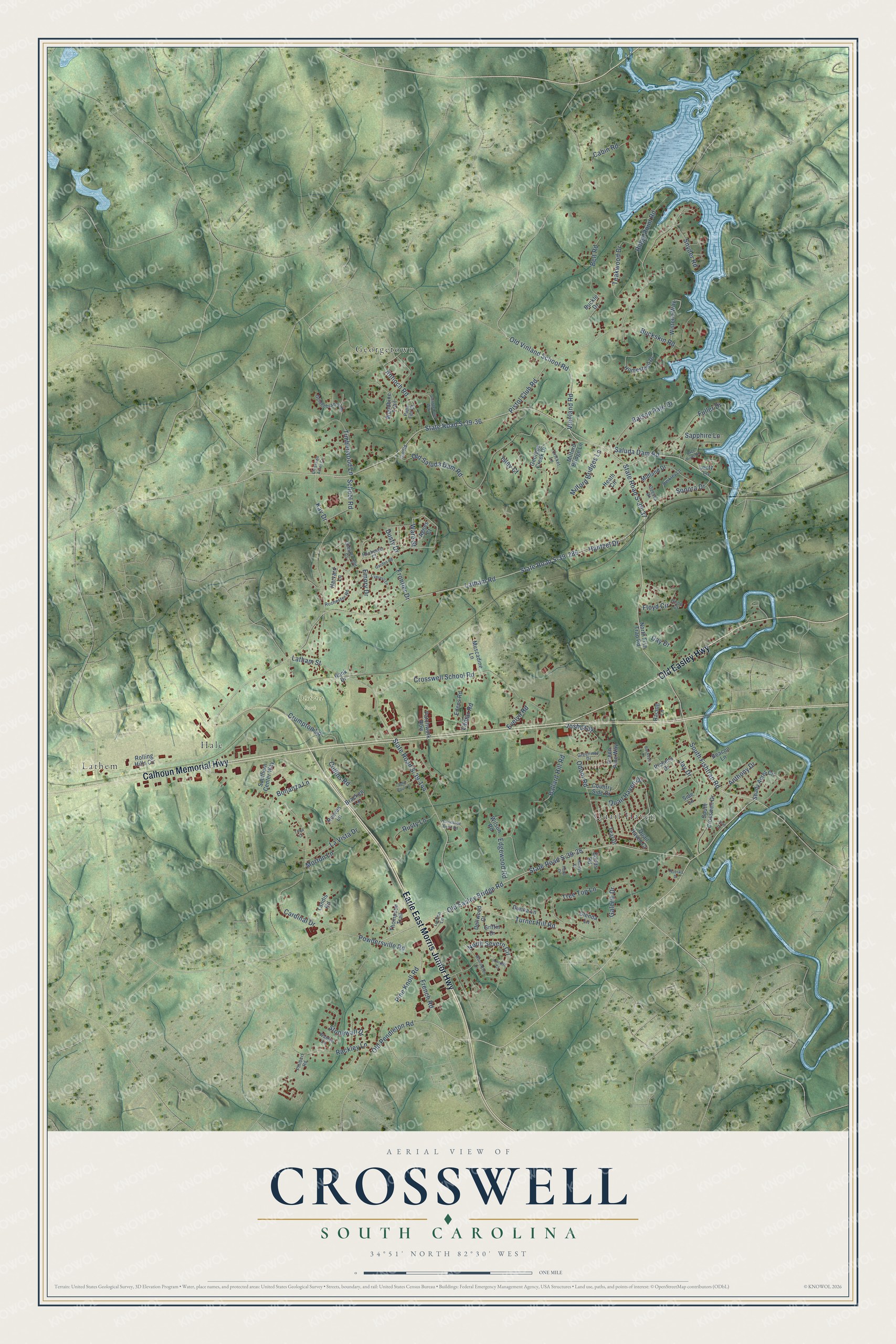 Full map of Crosswell, South Carolina, with red buildings, printed street names and the land around them