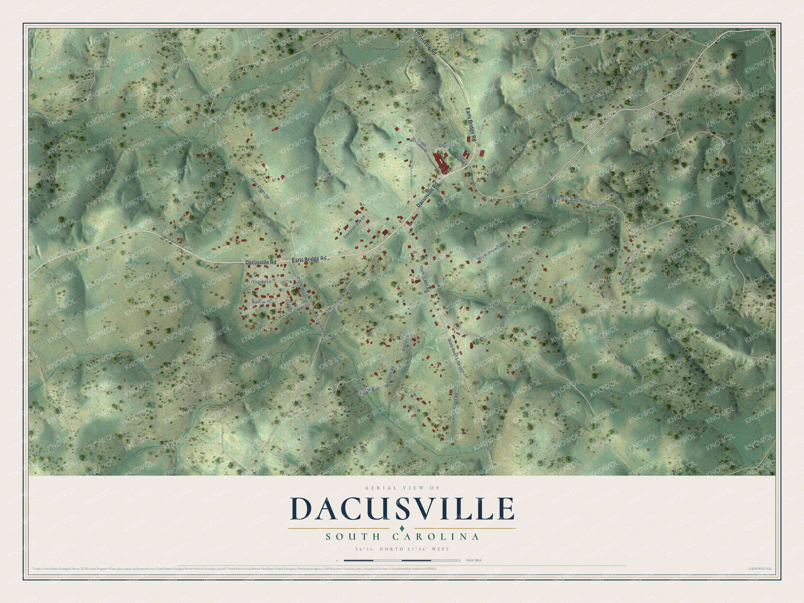 Full map of Dacusville, South Carolina, with red buildings, printed street names and the land around them