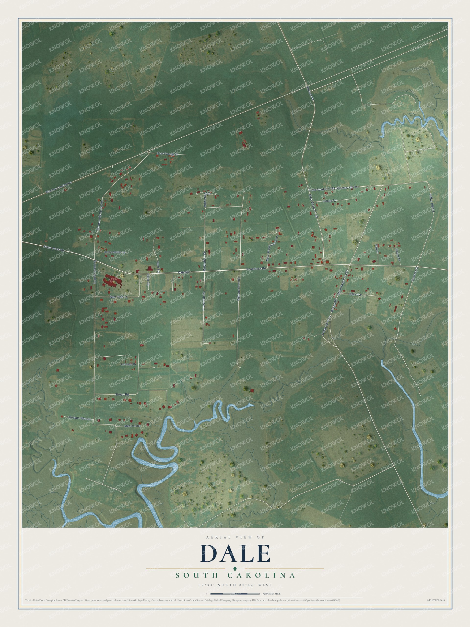 Full map of Dale, South Carolina, with red buildings, printed street names and the land around them