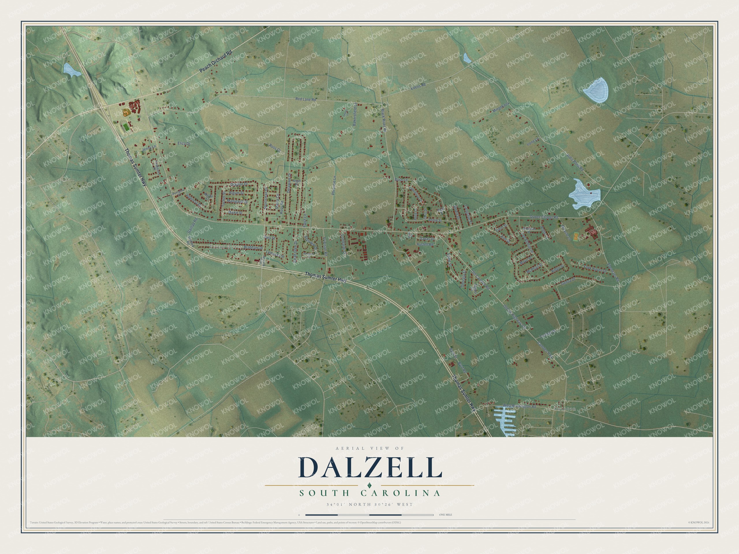 Full map of Dalzell, South Carolina, with red buildings, printed street names and the land around them