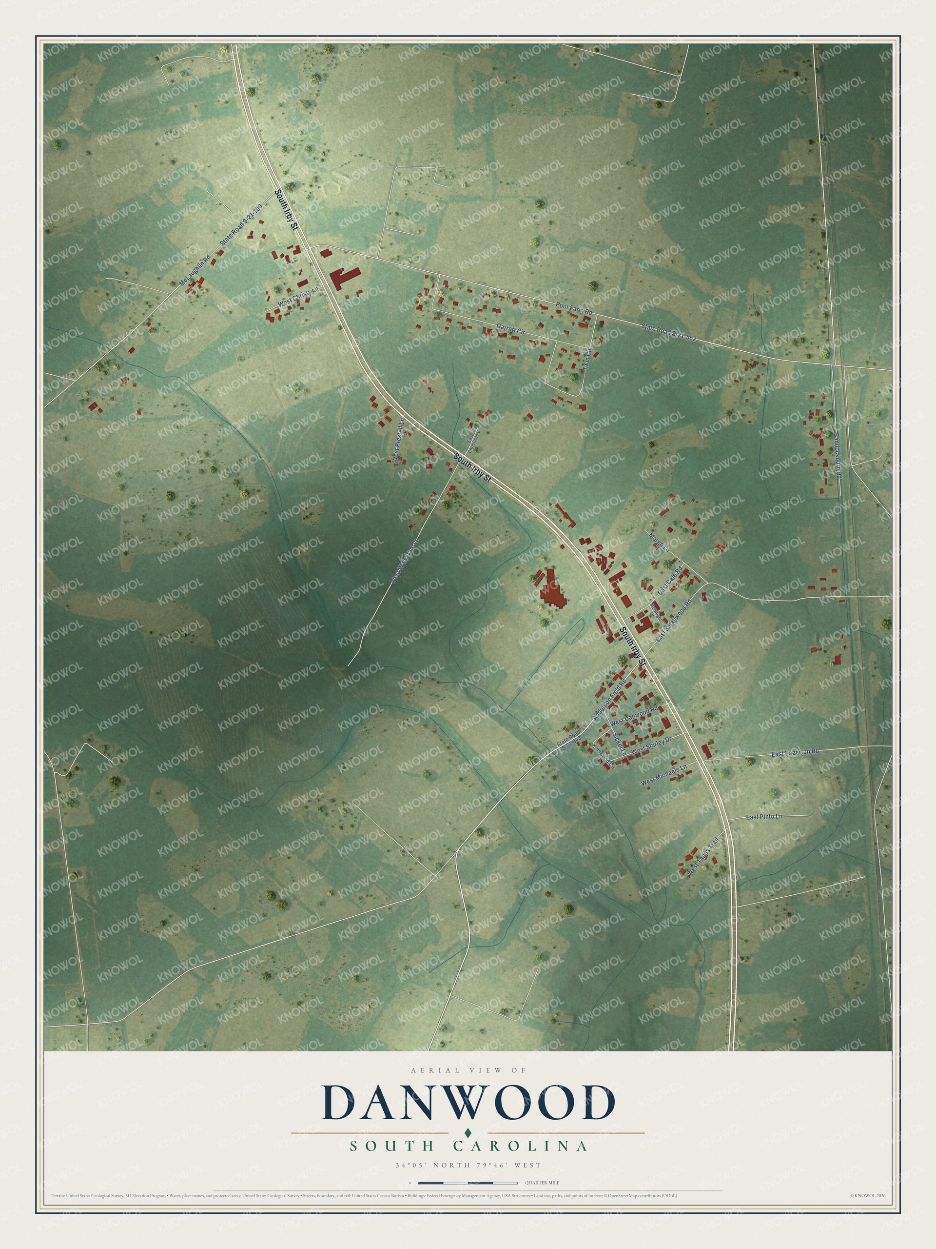 Full map of Danwood, South Carolina, with red buildings, printed street names and the land around them