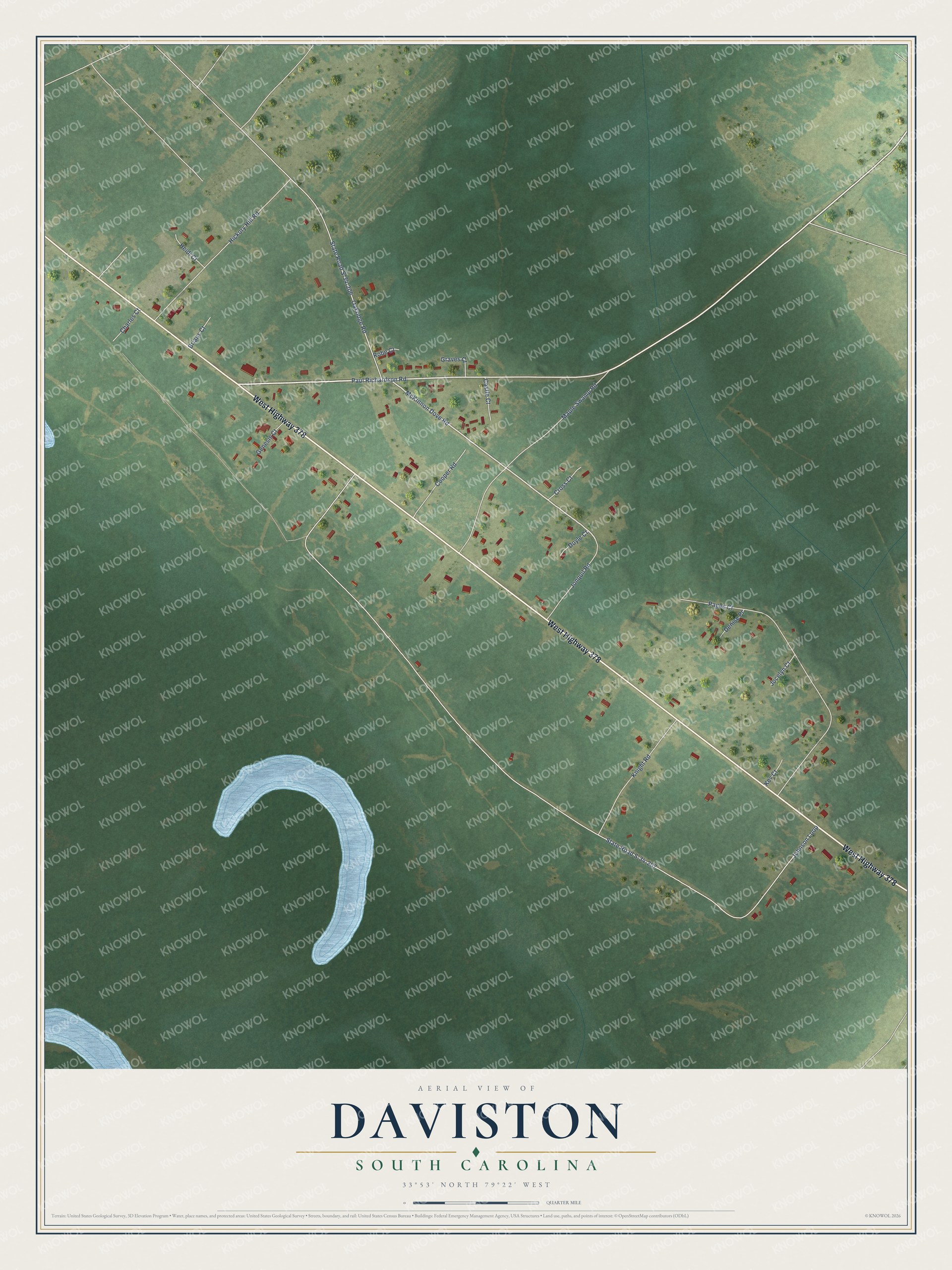 Full map of Daviston, South Carolina, with red buildings, printed street names and the land around them