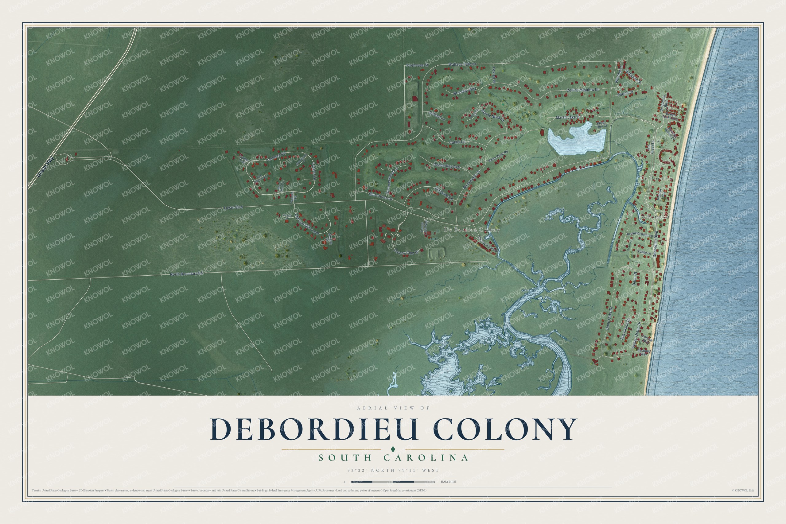 Full map of DeBordieu Colony, South Carolina, with red buildings, printed street names and the land around them