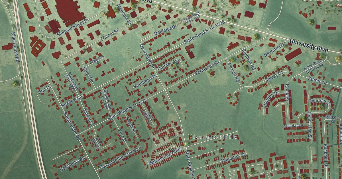 Close-up of streets and buildings in Deer Park, South Carolina
