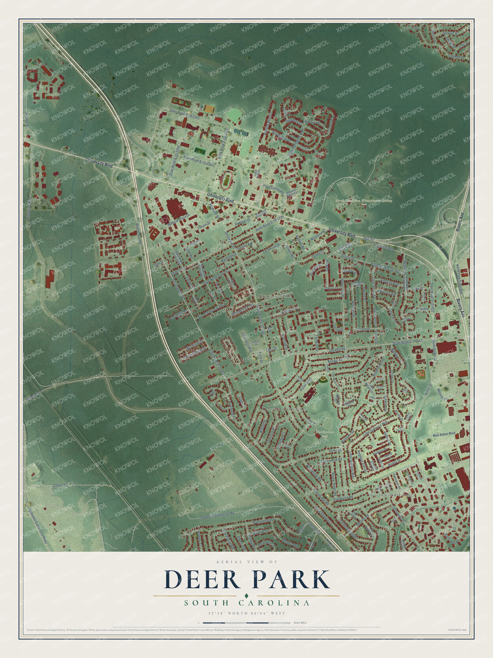Full map of Deer Park, South Carolina, with red buildings, printed street names and the land around them