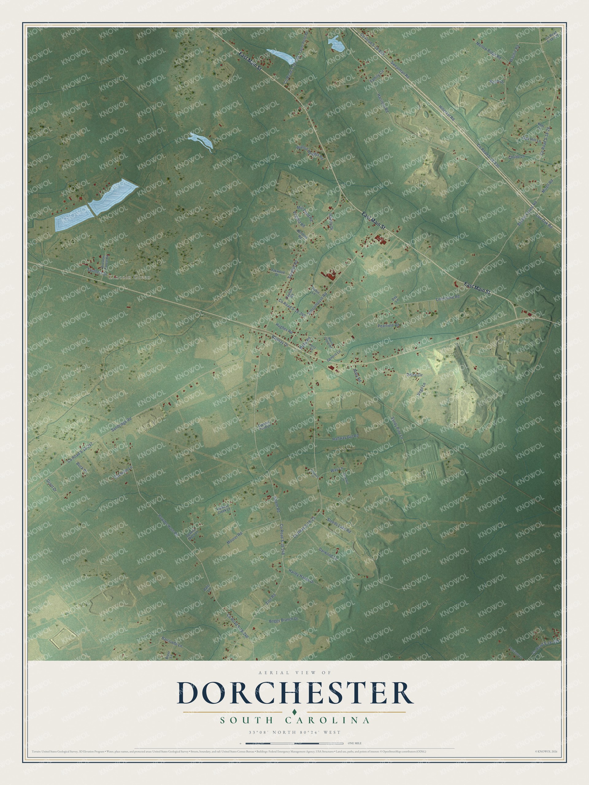 Full map of Dorchester, South Carolina, with red buildings, printed street names and the land around them