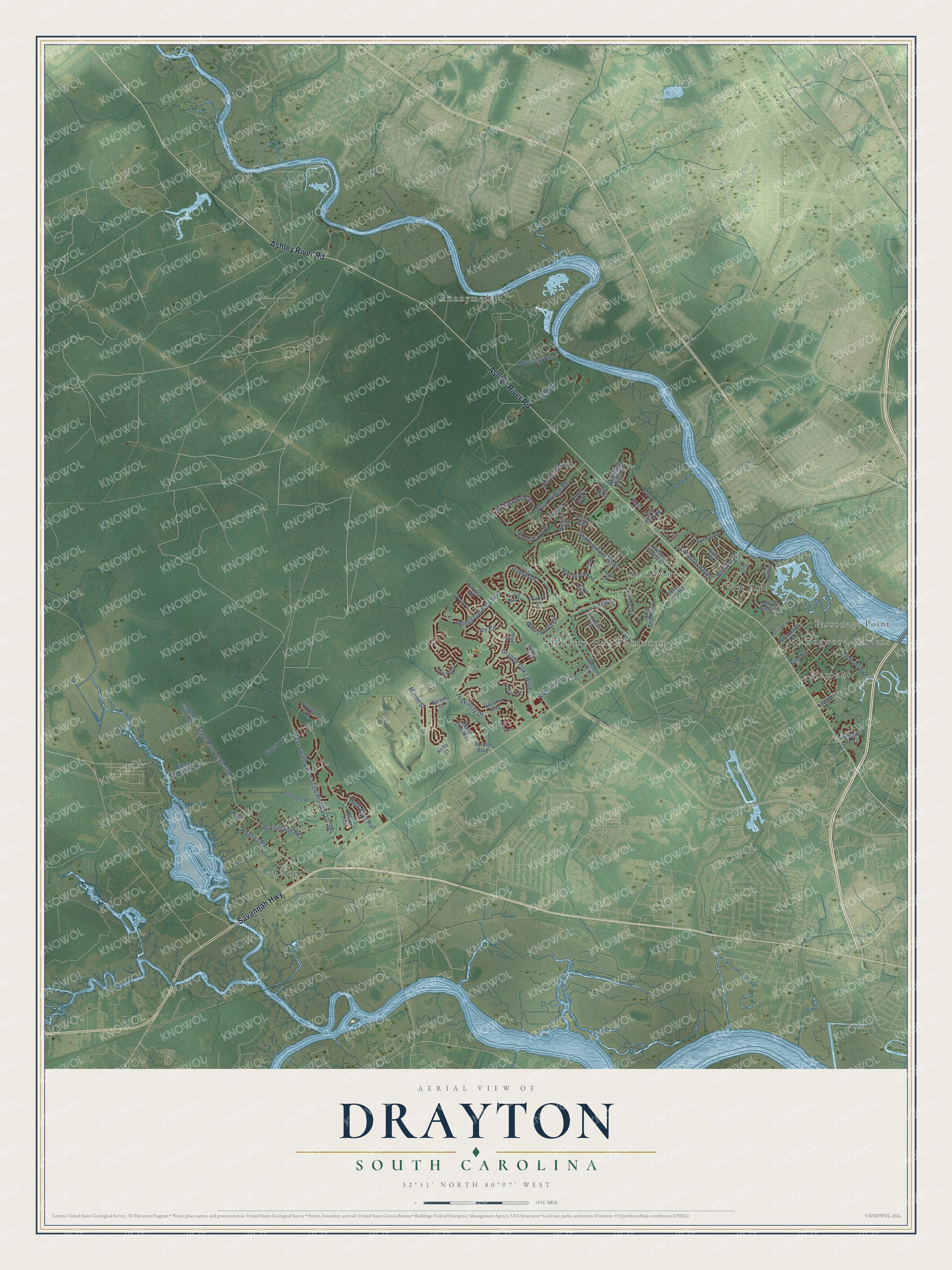 Full map of Drayton, South Carolina, with red buildings, printed street names and the land around them