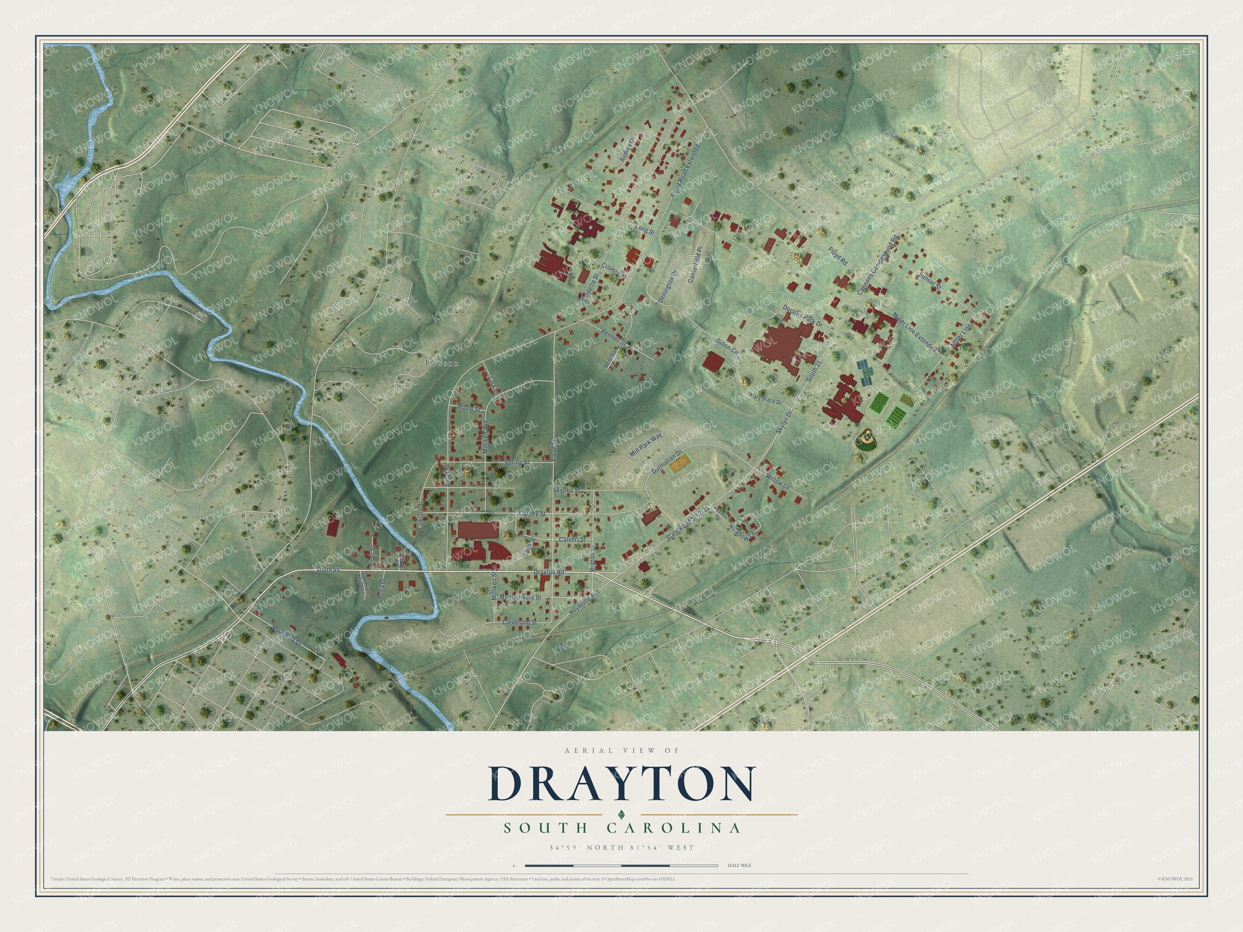 Full map of Drayton, South Carolina, with red buildings, printed street names and the land around them
