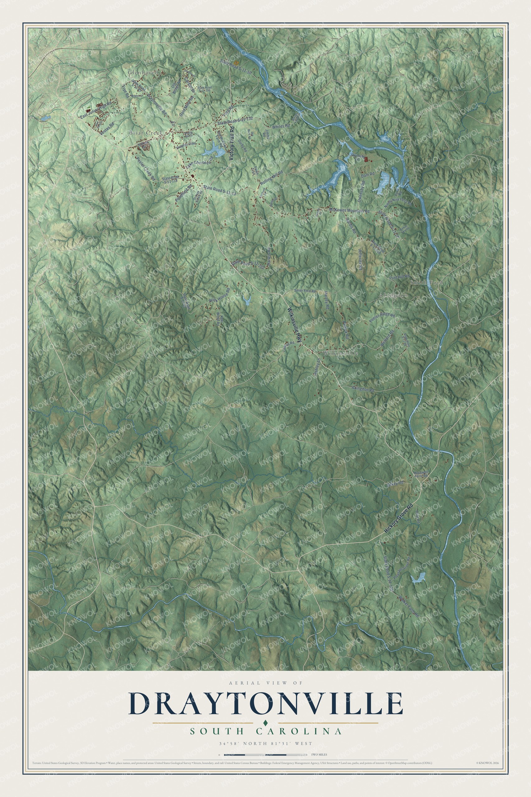 Full map of Draytonville, South Carolina, with red buildings, printed street names and the land around them