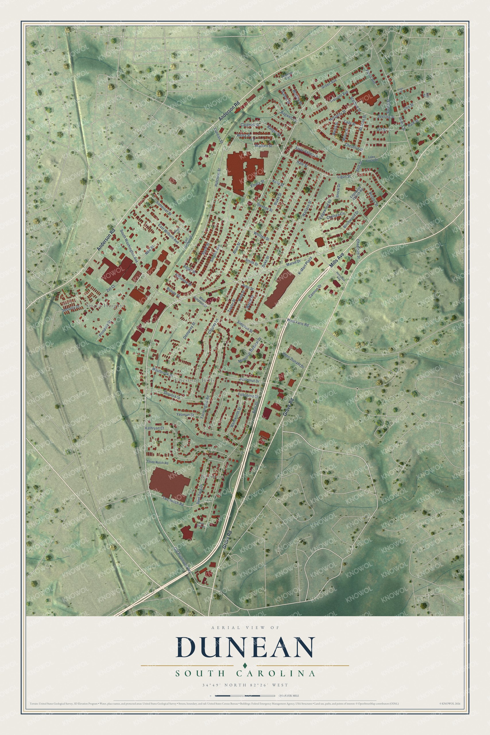 Full map of Dunean, South Carolina, with red buildings, printed street names and the land around them
