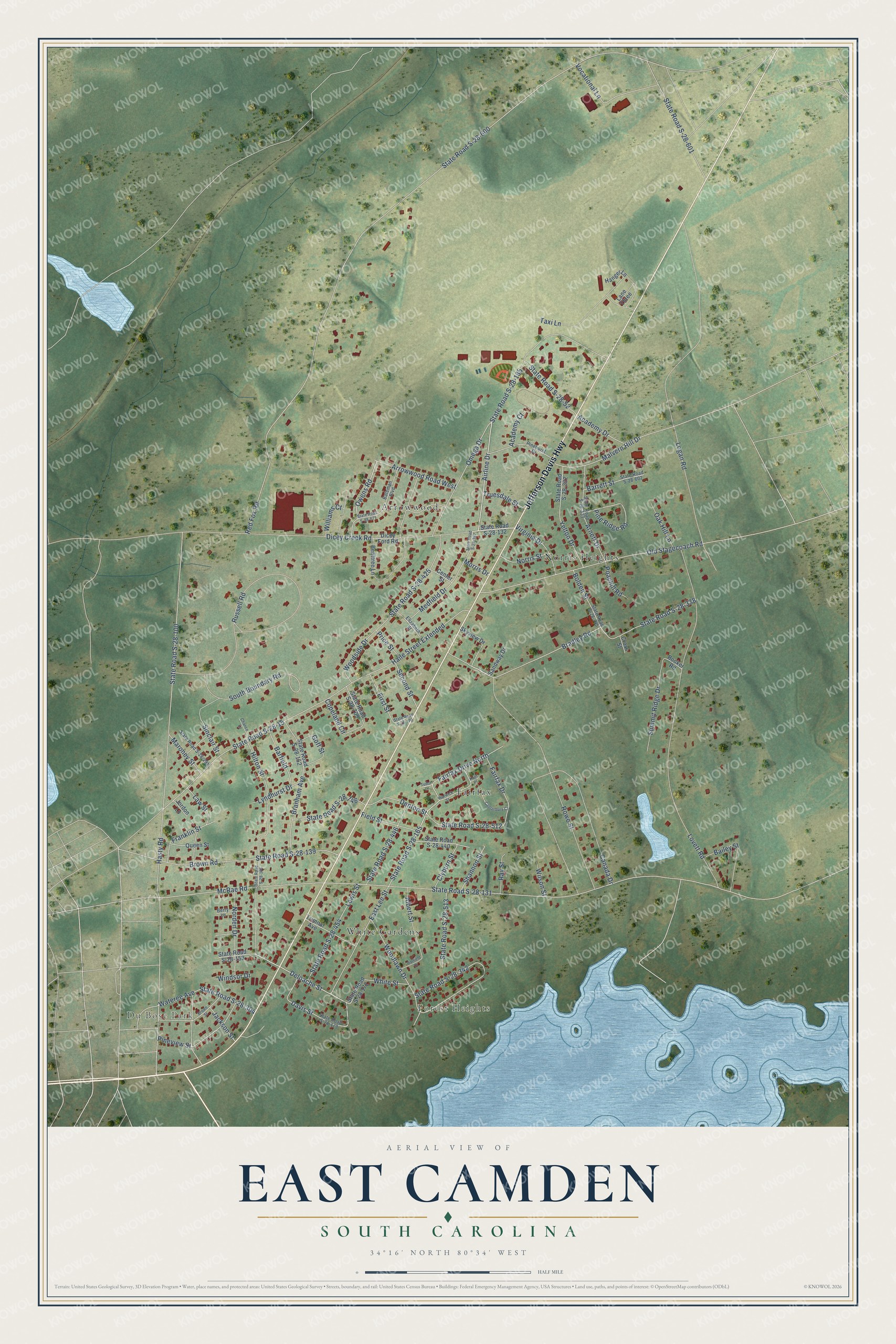 Full map of East Camden, South Carolina, with red buildings, printed street names and the land around them