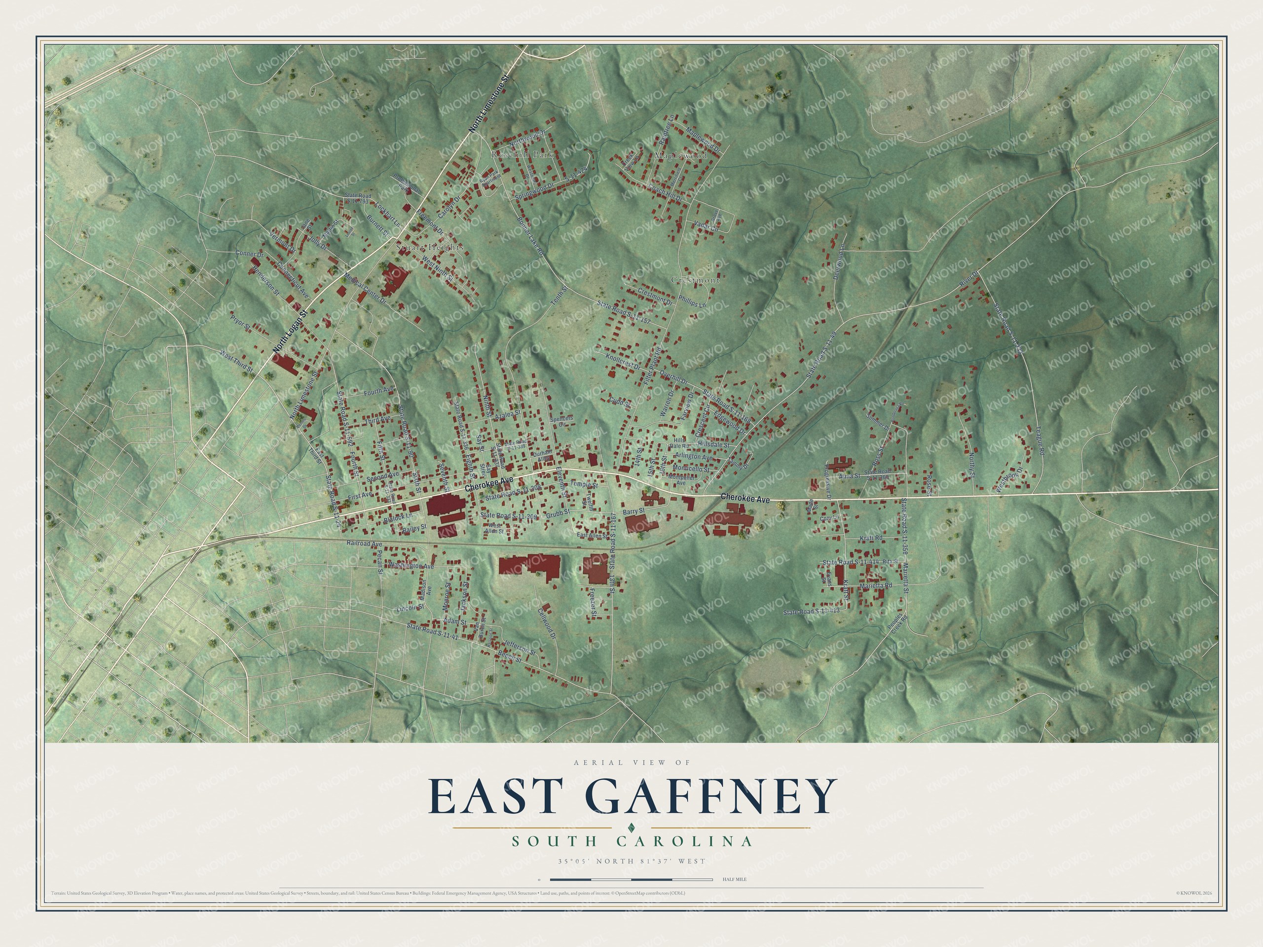 Full map of East Gaffney, South Carolina, with red buildings, printed street names and the land around them