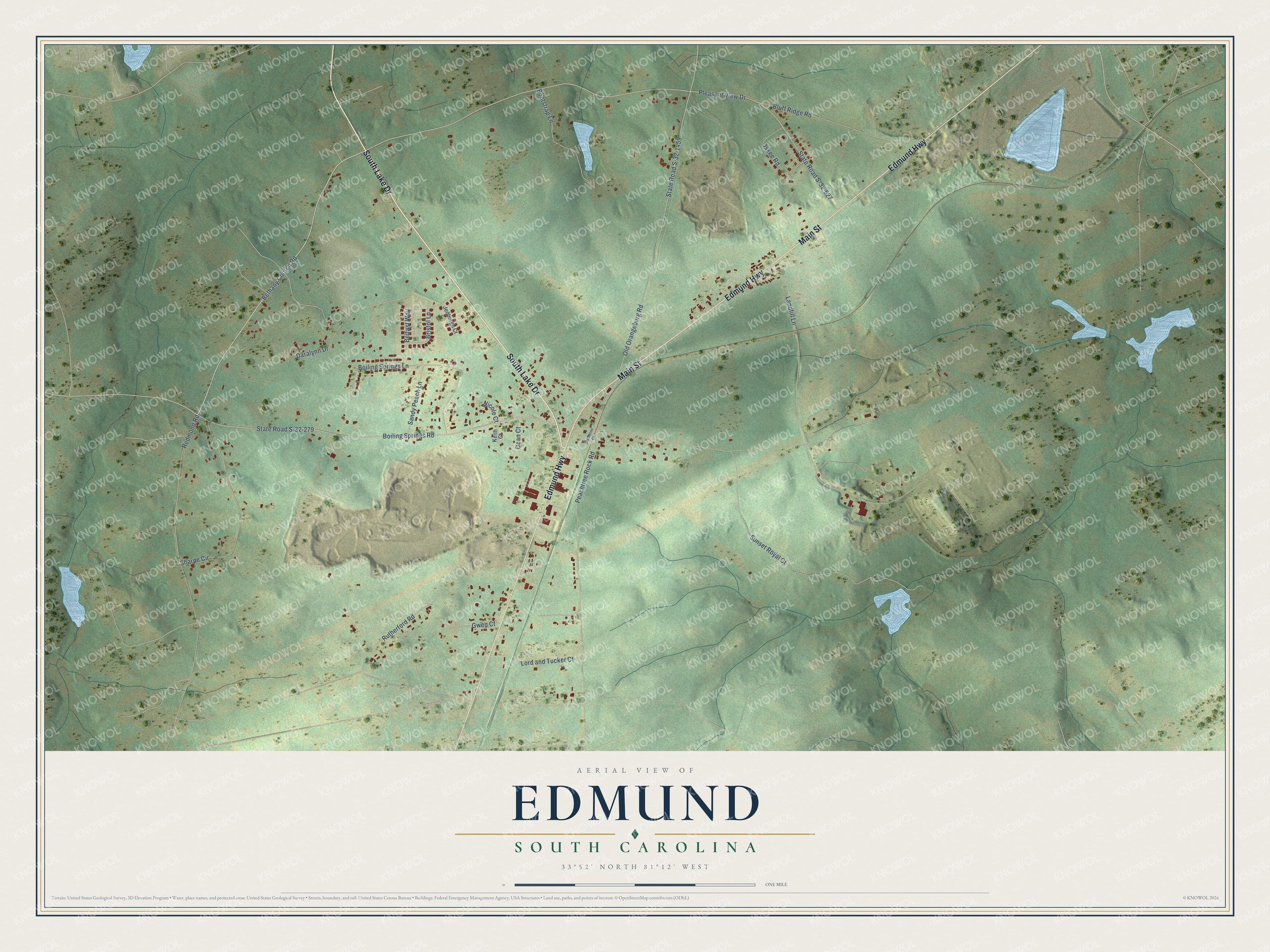 Full map of Edmund, South Carolina, with red buildings, printed street names and the land around them