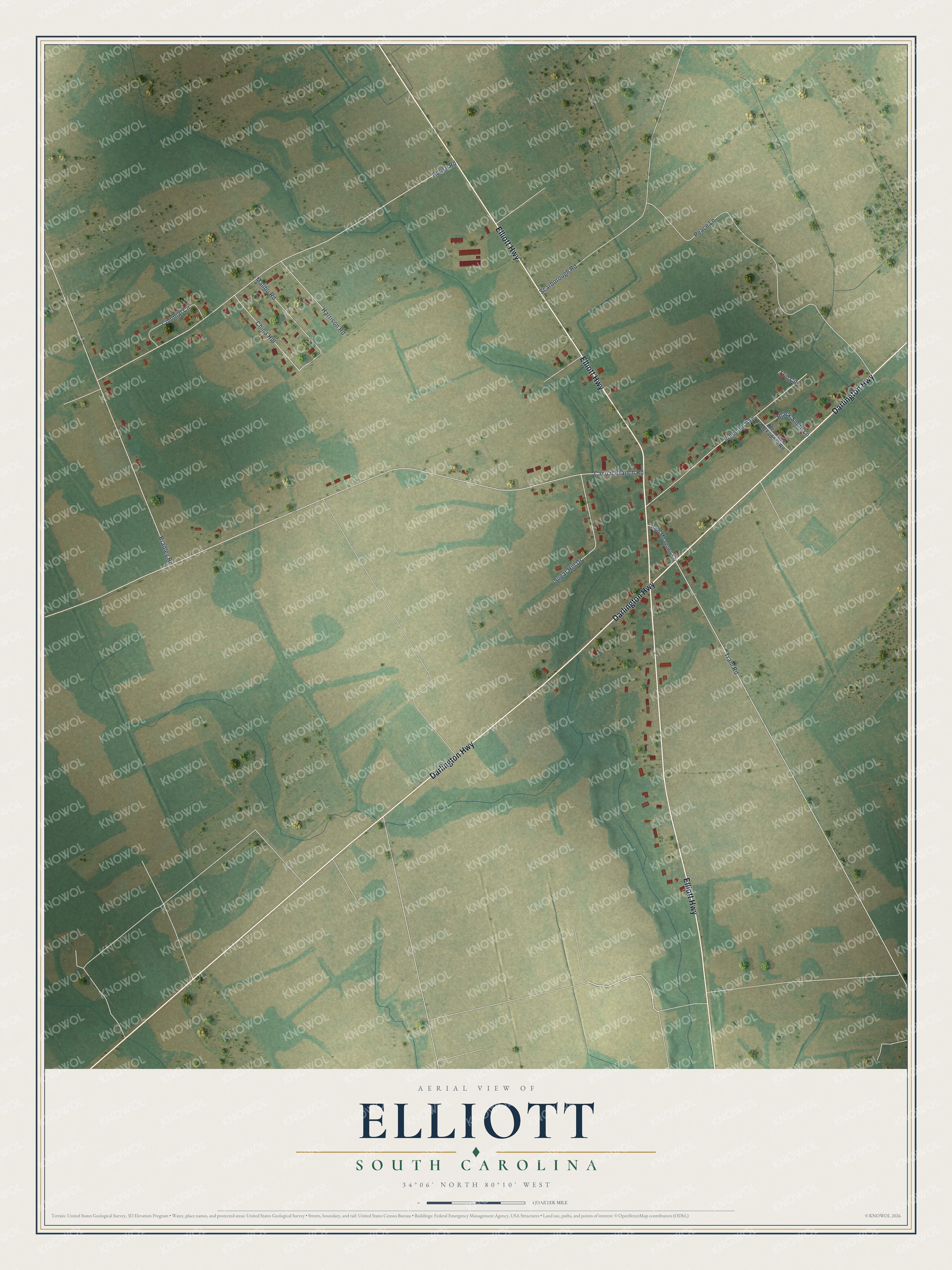 Full map of Elliott, South Carolina, with red buildings, printed street names and the land around them